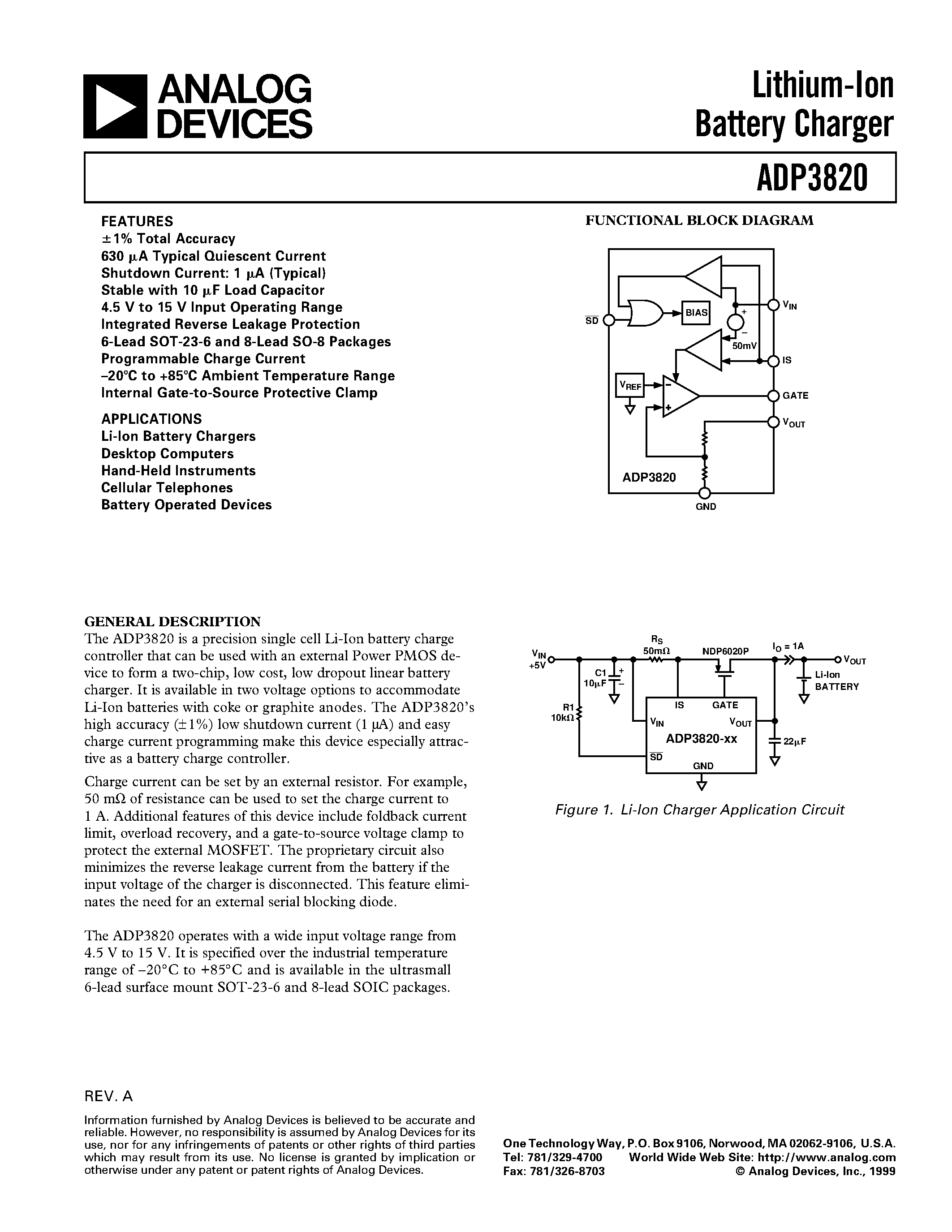 Datasheet ADP3820 - Lithium-Ion Battery Charger page 1