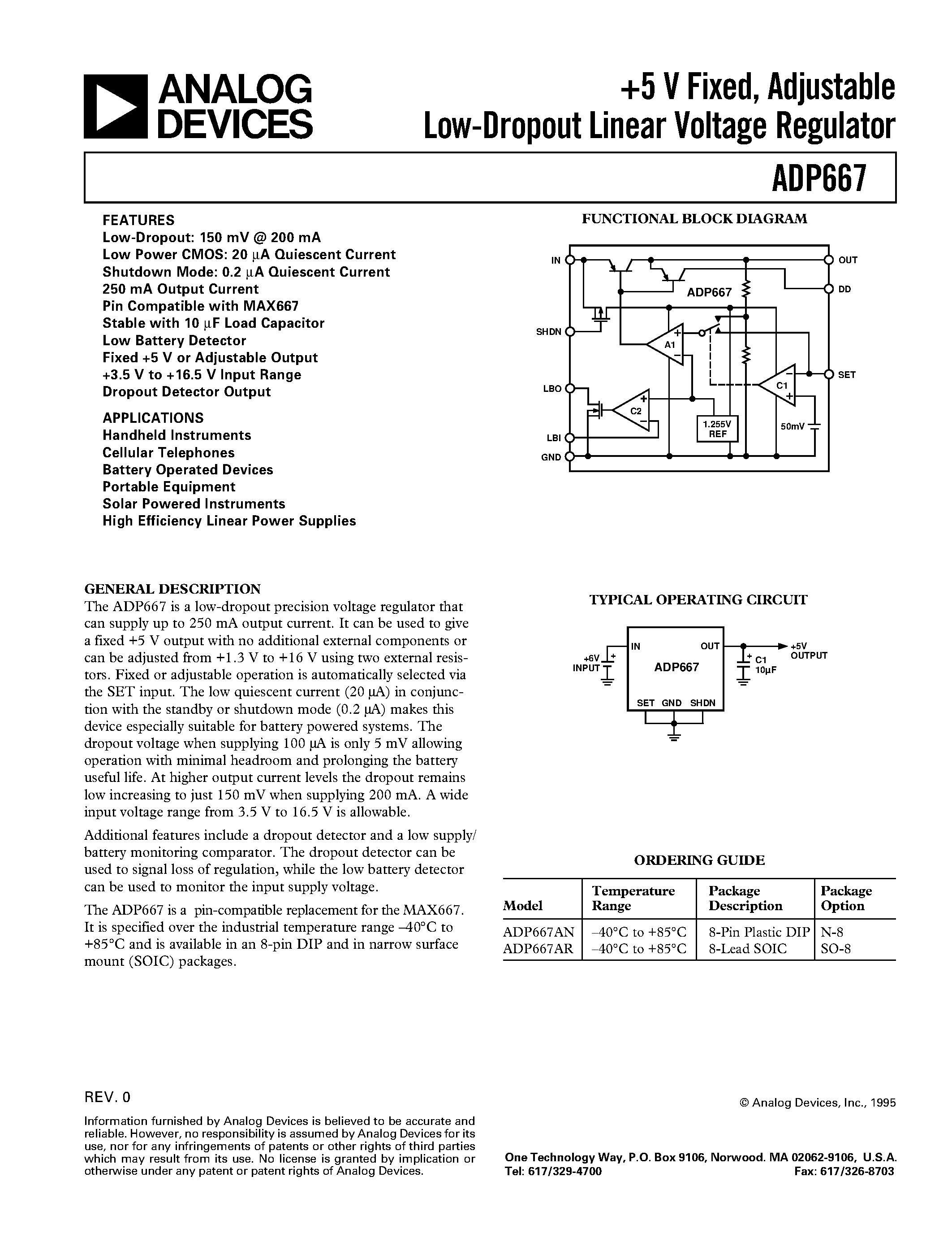 Datasheet ADP667AN - +5 V Fixed/ Adjustable Low-Dropout Linear Voltage Regulator page 1