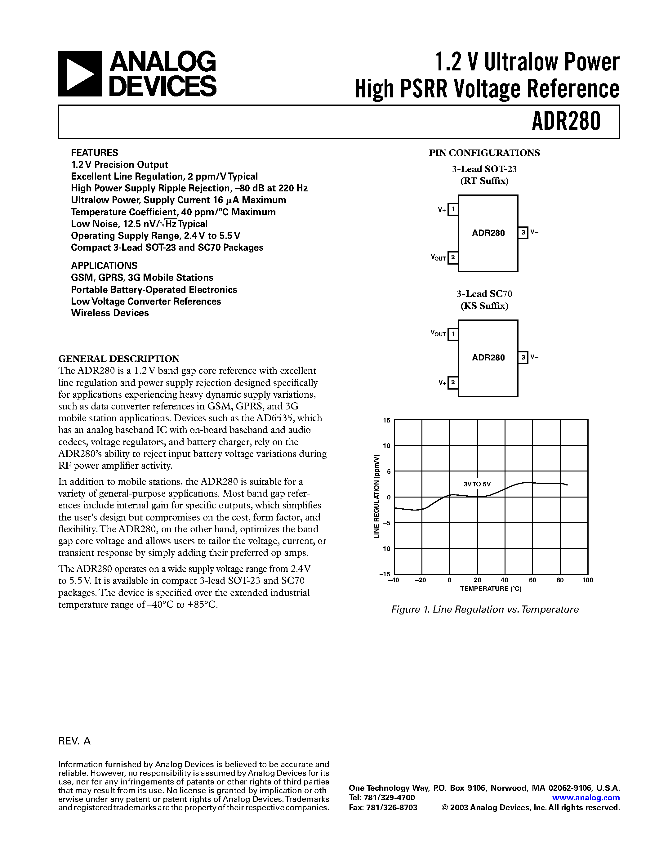 Datasheet ADR280 - 1.2 V Ultralow Power High PSRR Voltage Reference page 1