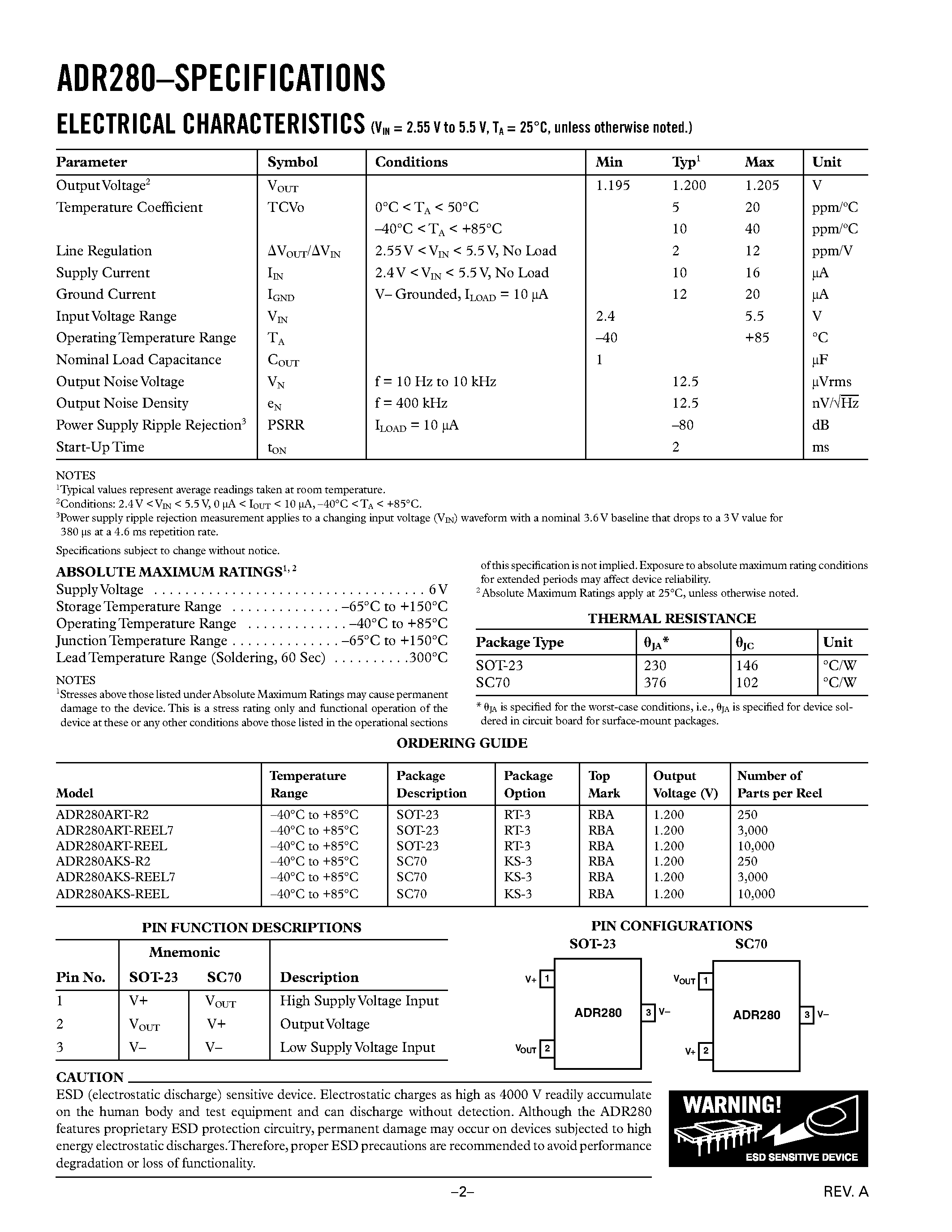 Datasheet ADR280 - 1.2 V Ultralow Power High PSRR Voltage Reference page 2