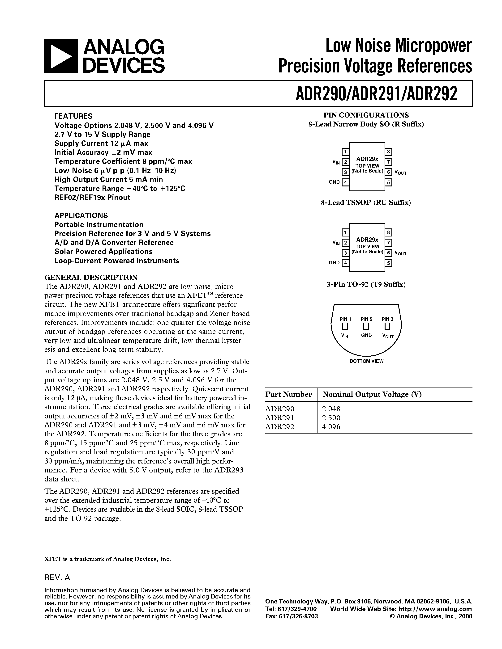 Даташит ADR290GR-REEL - Low Noise Micropower Precision Voltage References страница 1