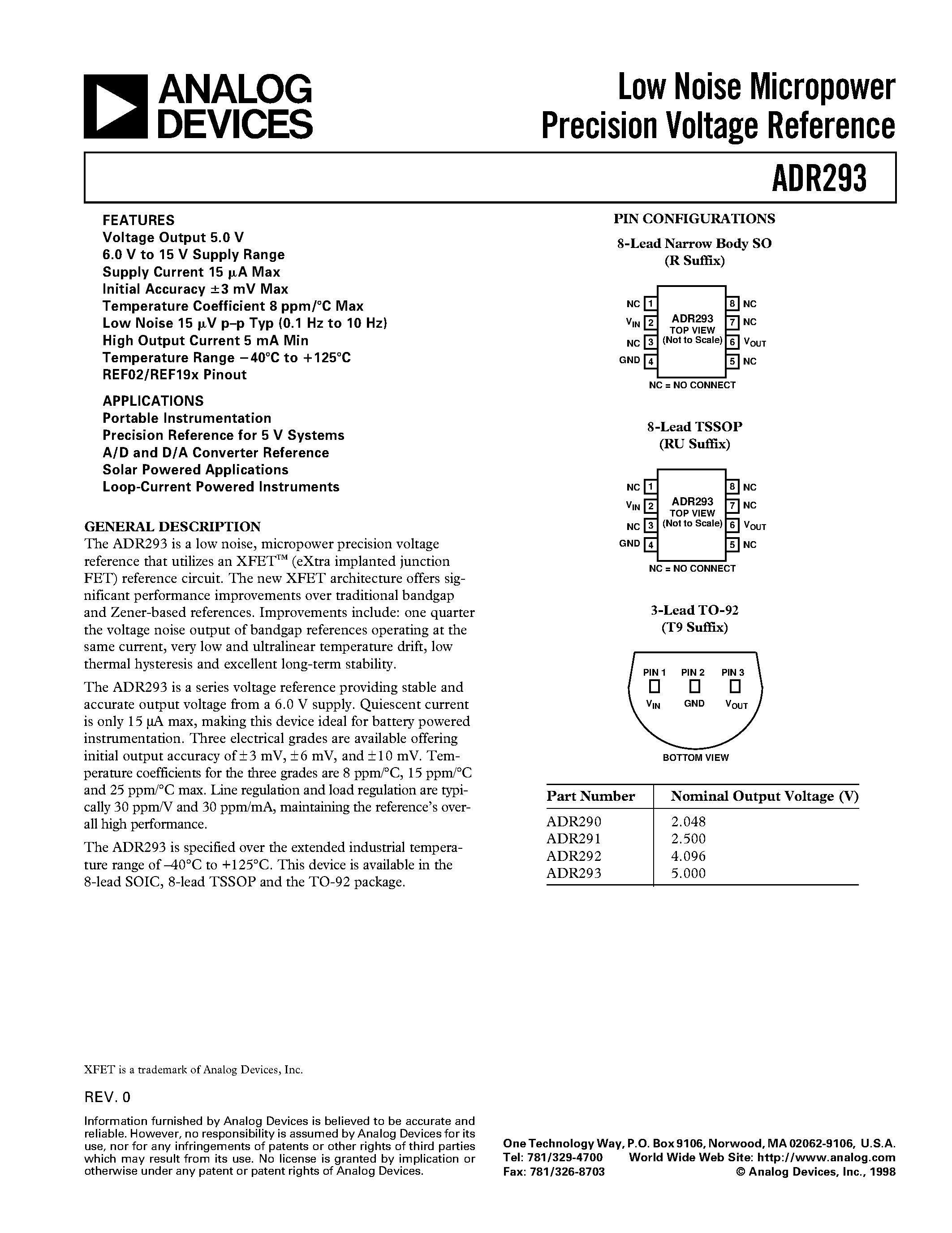 Даташит ADR293 - Low Noise Micropower Precision Voltage Reference страница 1