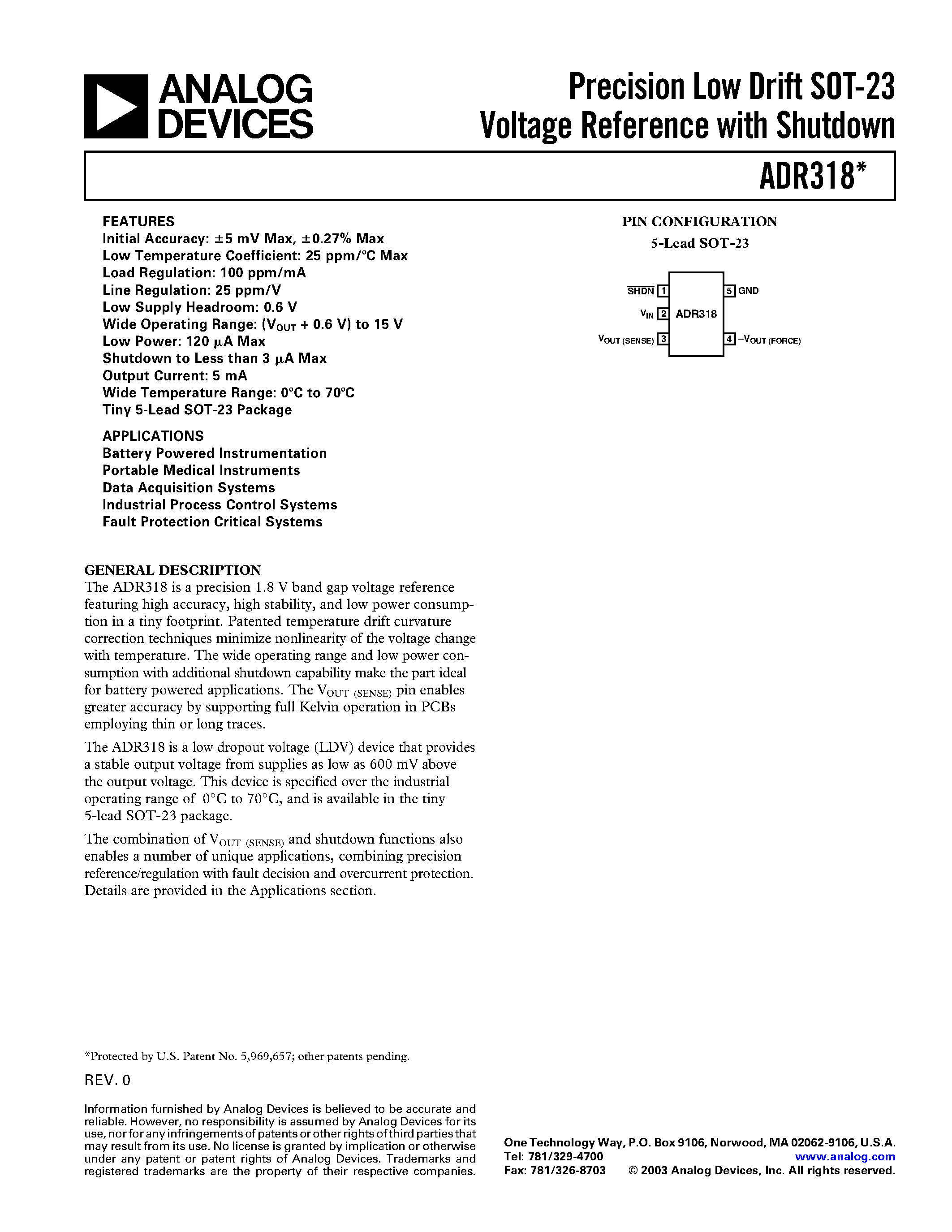 Даташит ADR318 - Precision Low Drift SOT-23 Voltage Reference with Shutdown страница 1