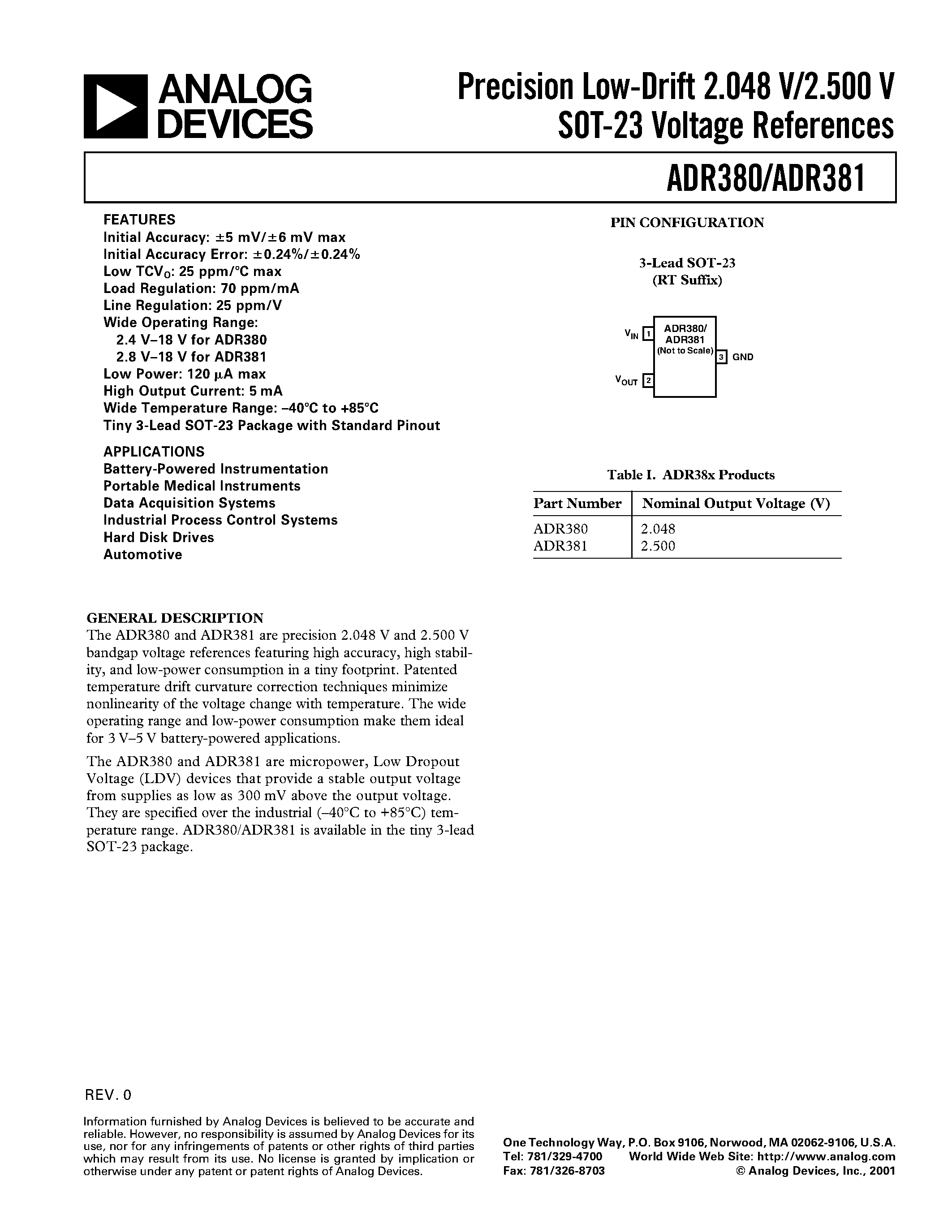 Даташит ADR380 - Precision Low-Drift 2.048 V/2.500 V SOT-23 Voltage References страница 1