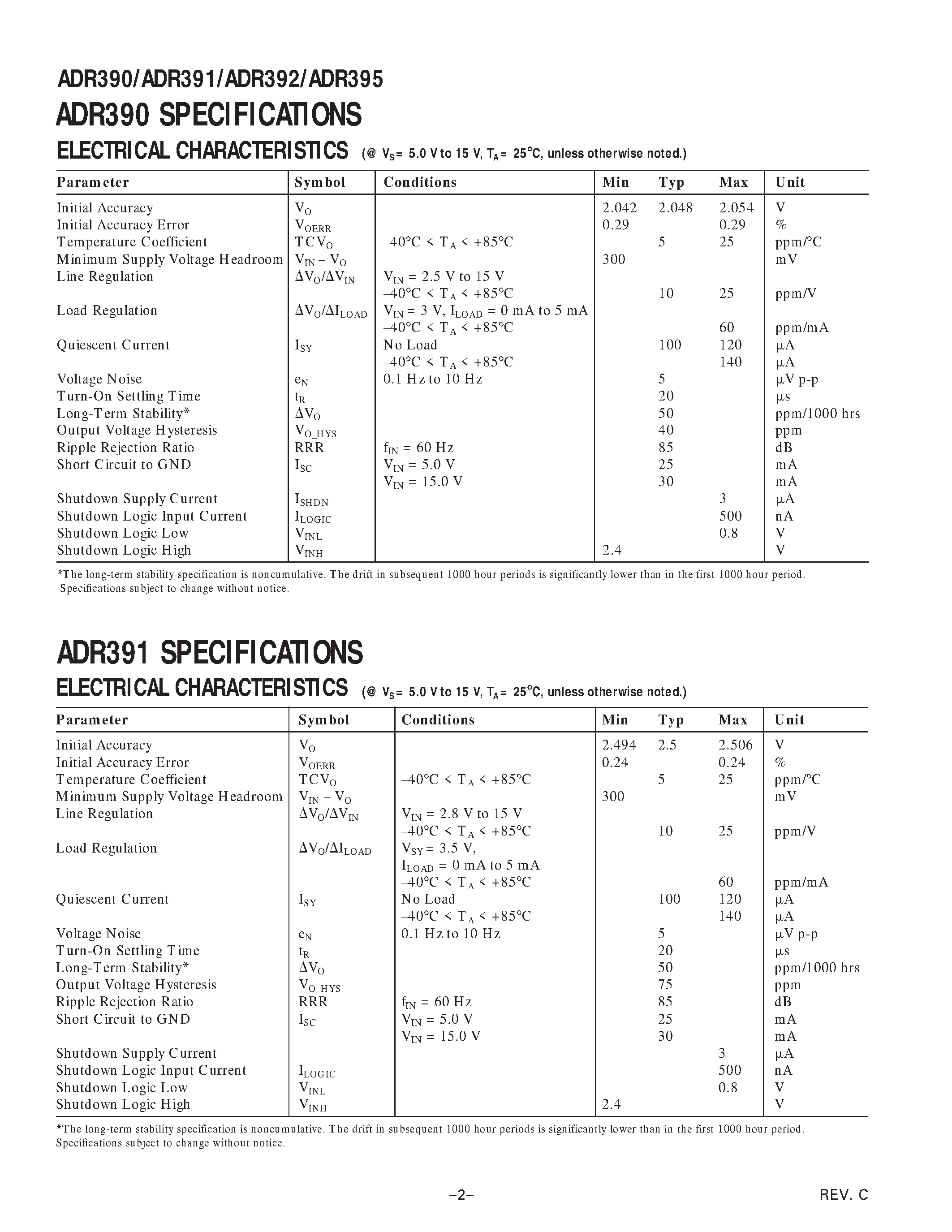 Даташит ADR390ART-REEL - Precision Low Drift 2.048 V/2.500 V SOT-23 Voltage References with Shutdown страница 2