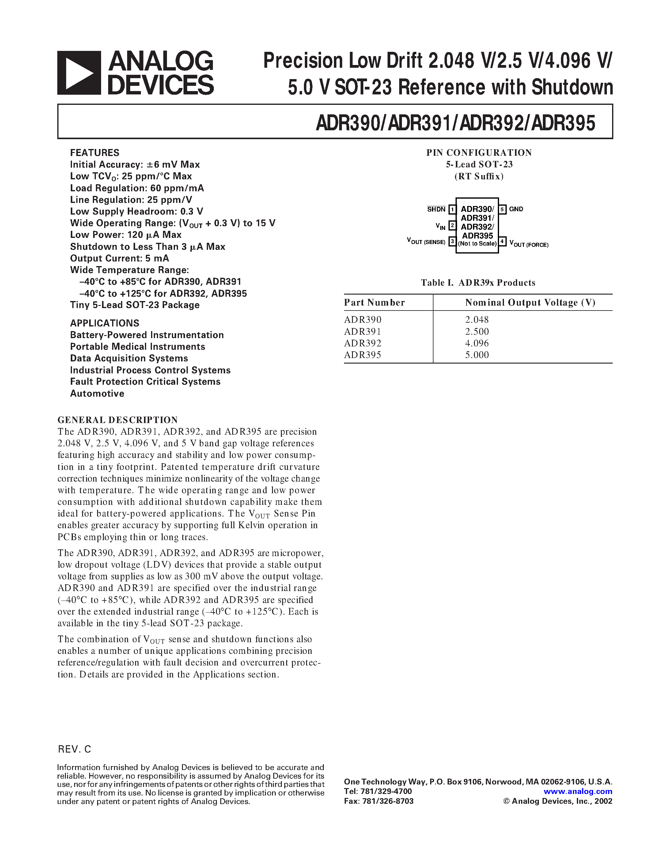 Даташит ADR391 - Precision Low Drift 2.048 V/2.5 V/4.096 V/ 5.0 V SOT-23 Reference with Shutdown страница 1