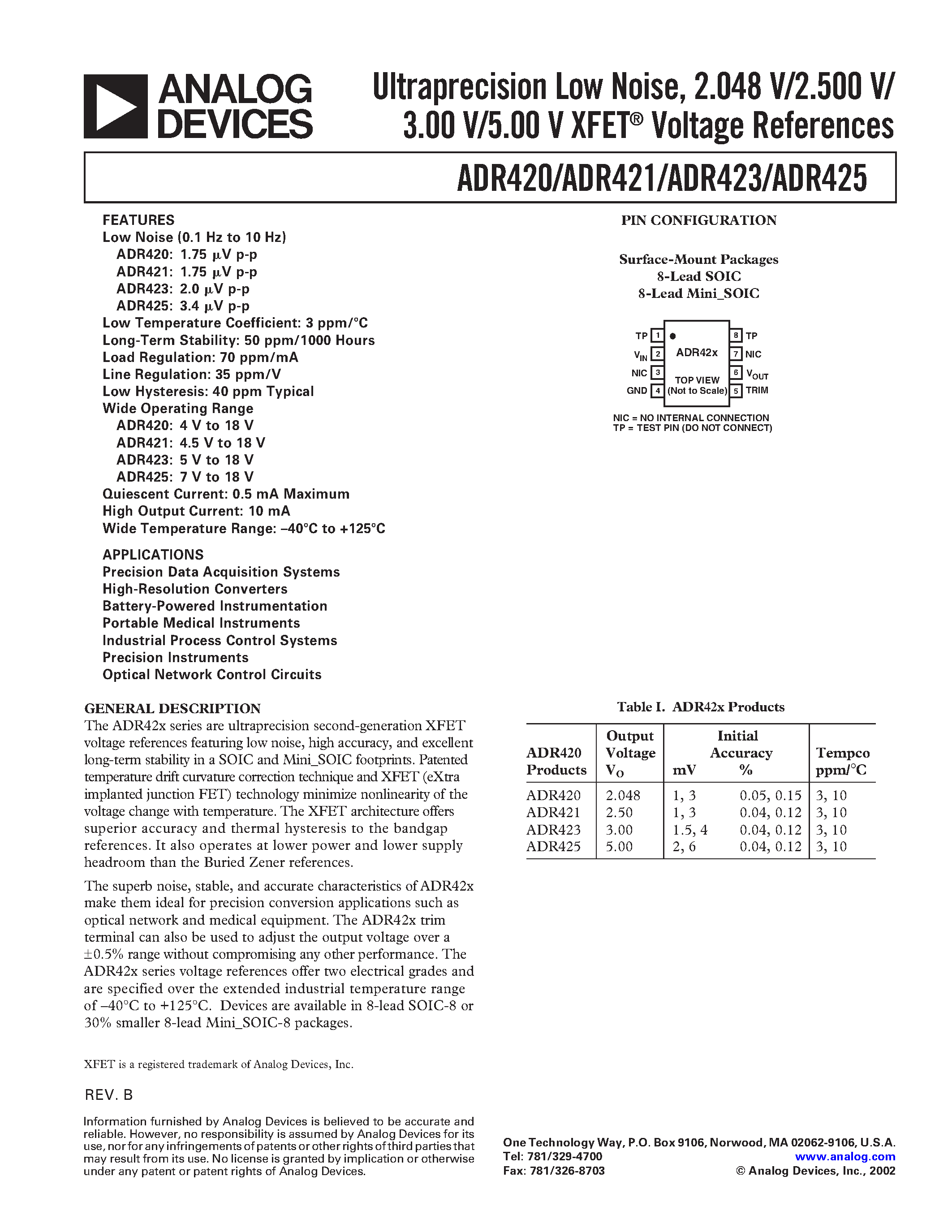 Даташит ADR420AR - Ultraprecision Low Noise/ 2.048 V/2.500 V/ 3.00 V/5.00 V XFET Voltage References страница 1