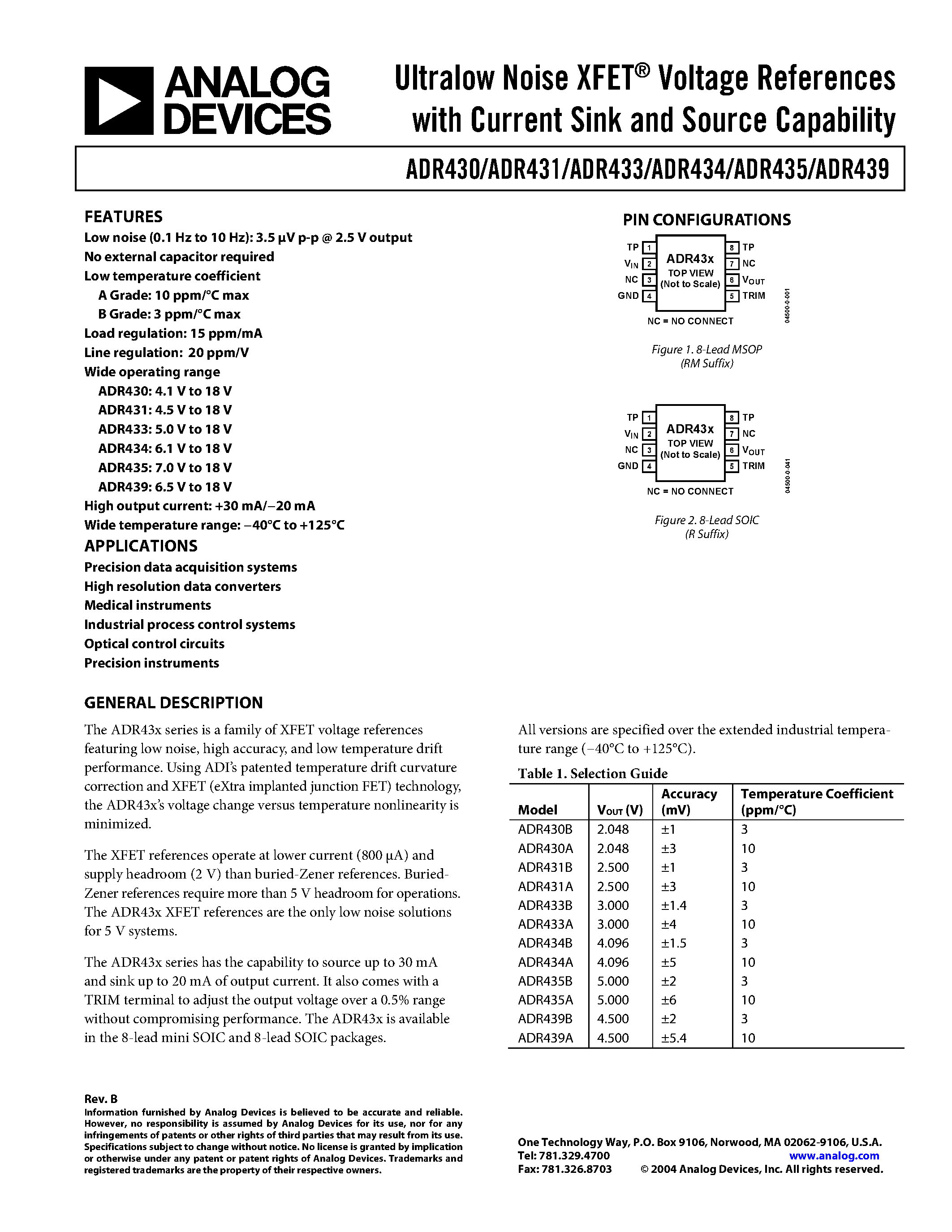 Даташит ADR430 - Ultralow Noise XFET Voltage References with Current Sink and Source Capability страница 1