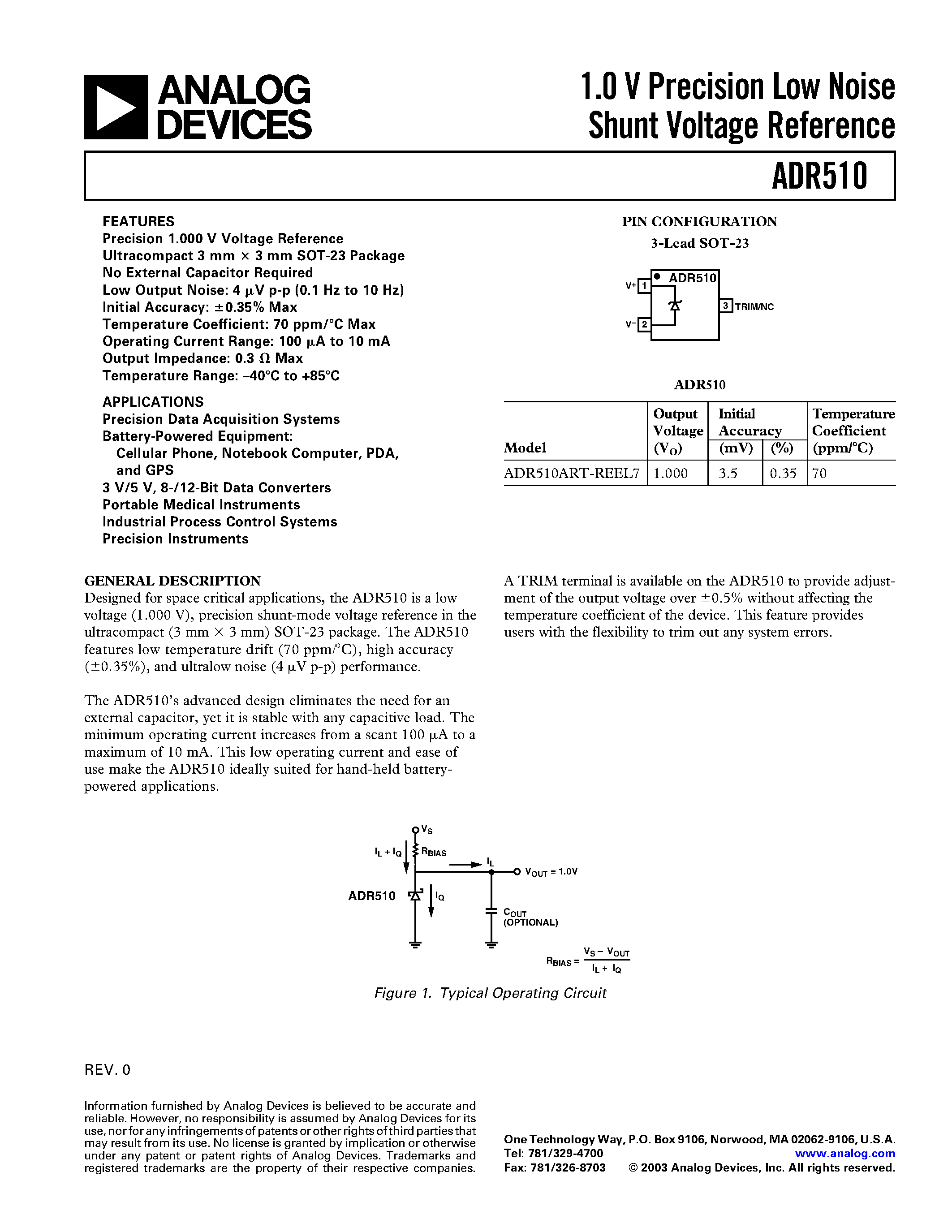 Даташит ADR510 - 1.0 V Precision Low Noise Shunt Voltage Reference страница 1