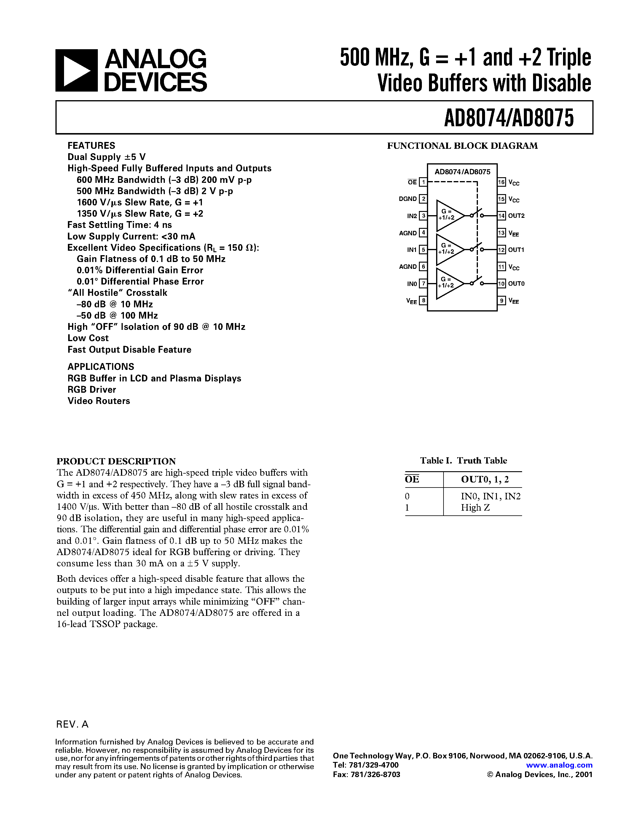 Даташит AD8074 - 500 MHz/ G = +-1 and +2 Triple Video Buffers with Disable страница 1