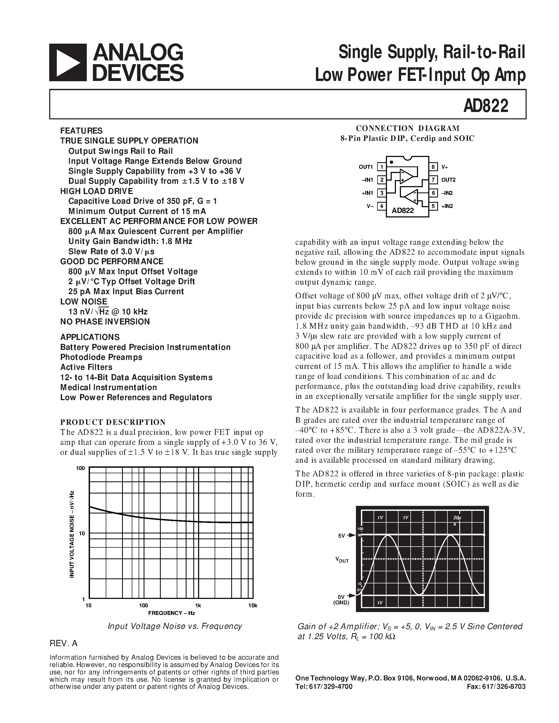 Даташит AD822AChips - Single Supply/ Rail-to-Rail Low Power FET-Input Op Amp страница 1