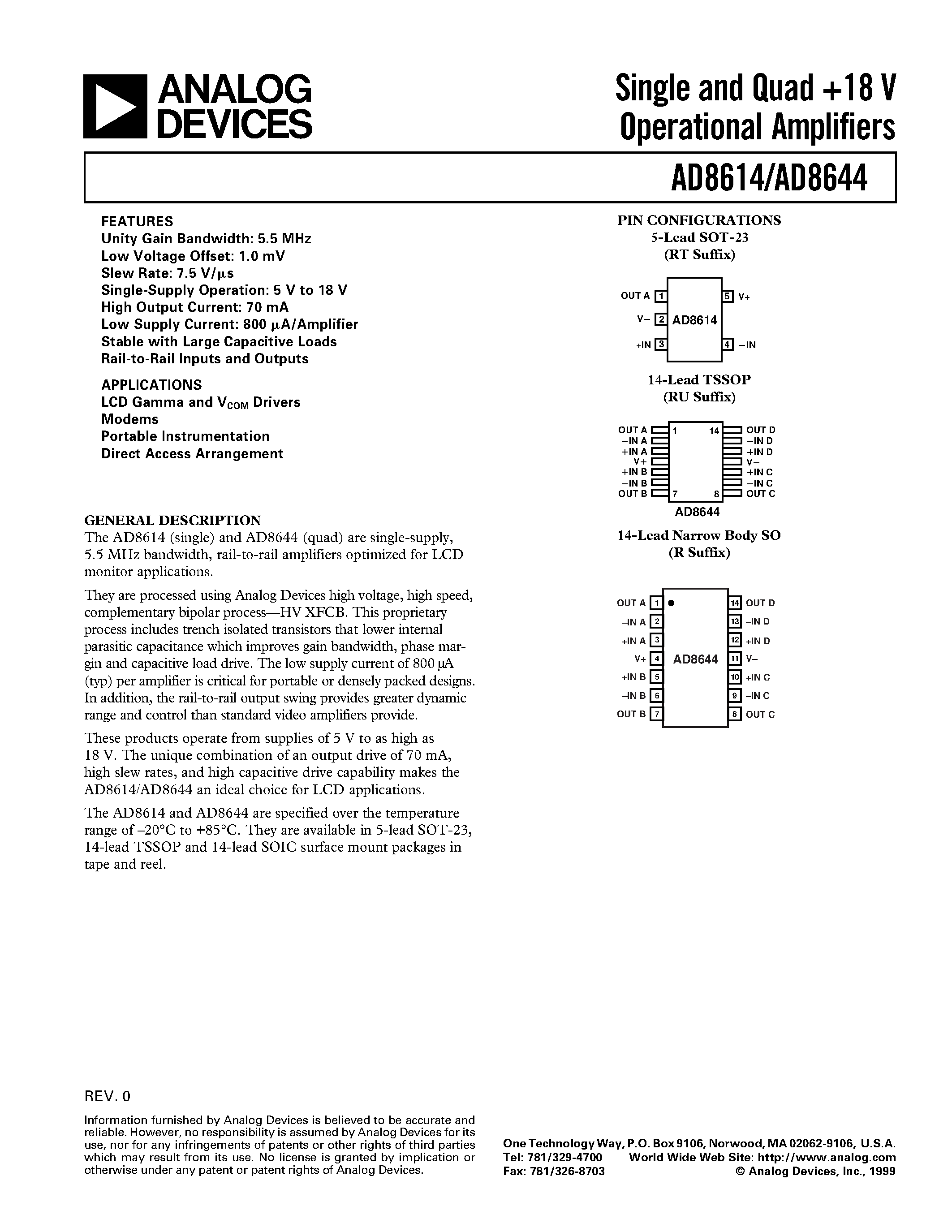 Даташит AD8644 - Single and Quad +18 V Operational Amplifiers страница 1