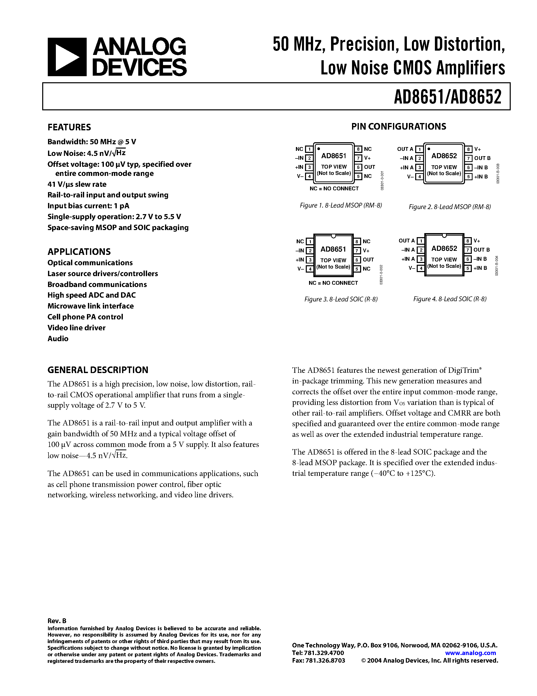 Даташит AD8651ARM-R2 - 50 MHz/ Precision/ Low Distortion/ Low Noise CMOS Amplifiers страница 1