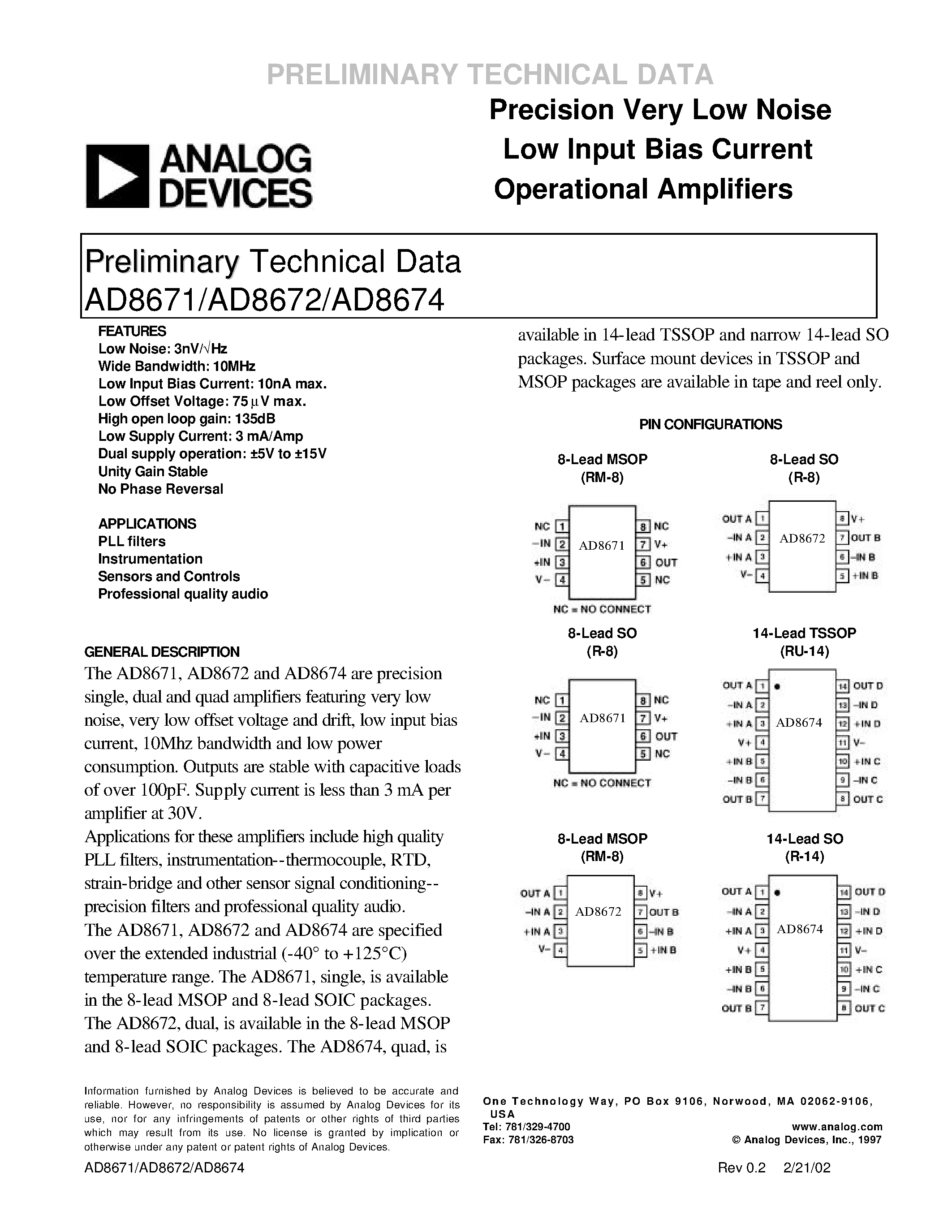 Datasheet AD8671 - Precision Very Low Noise Low Input Bias Current Operational Amplifiers page 1