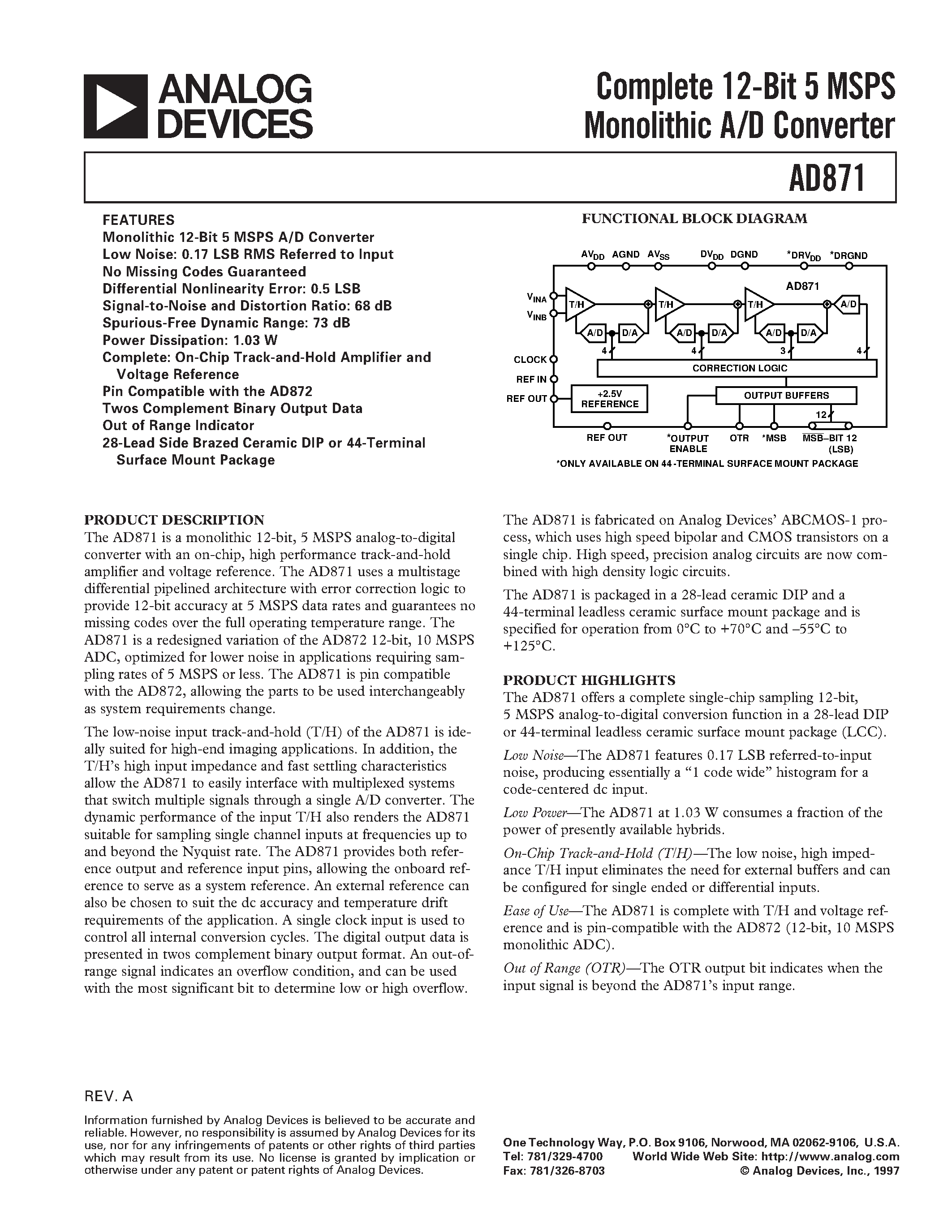 Datasheet AD871 - Complete 12-Bit 5 MSPS Monolithic A/D Converter page 1