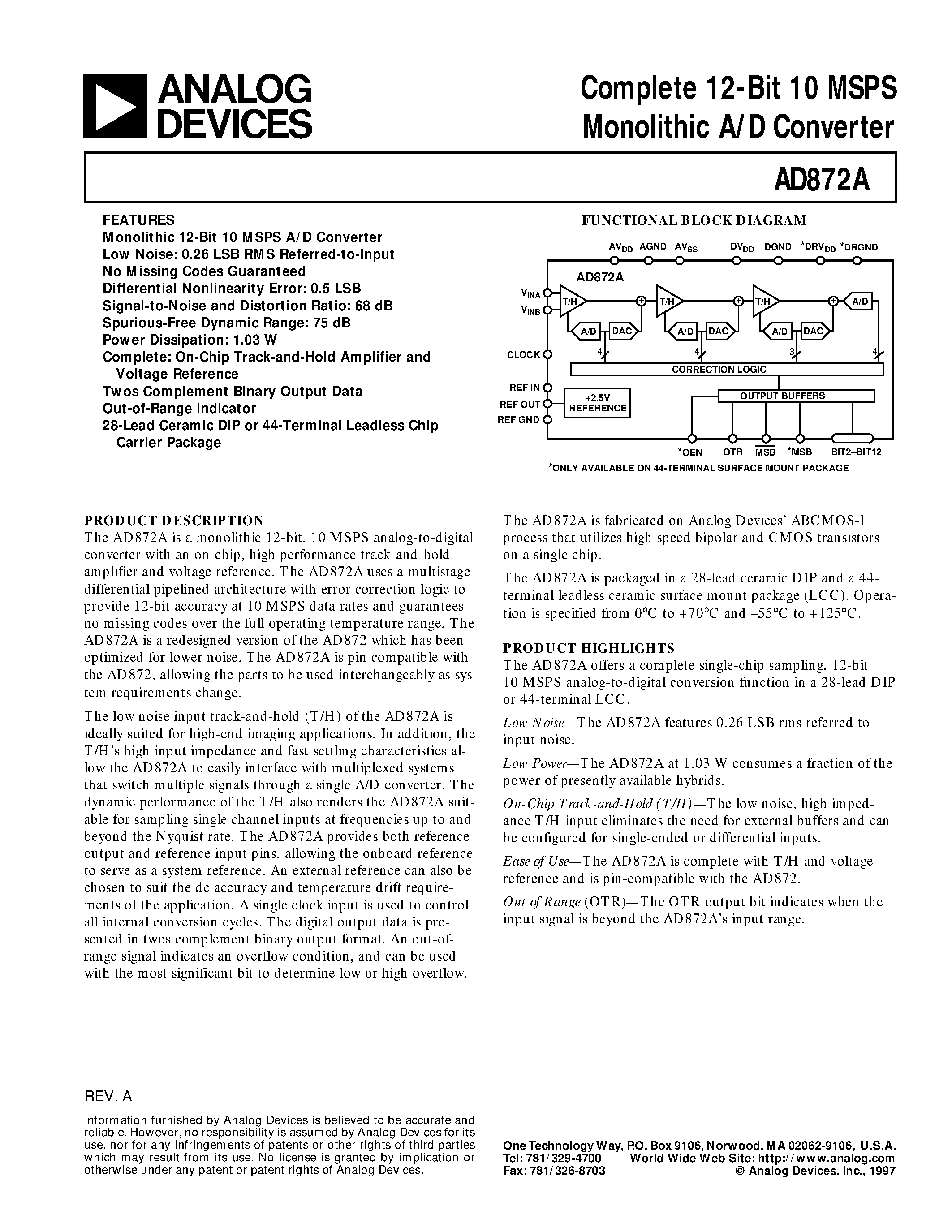 Datasheet AD872A - Complete 12-Bit 10 MSPS Monolithic A/D Converter page 1