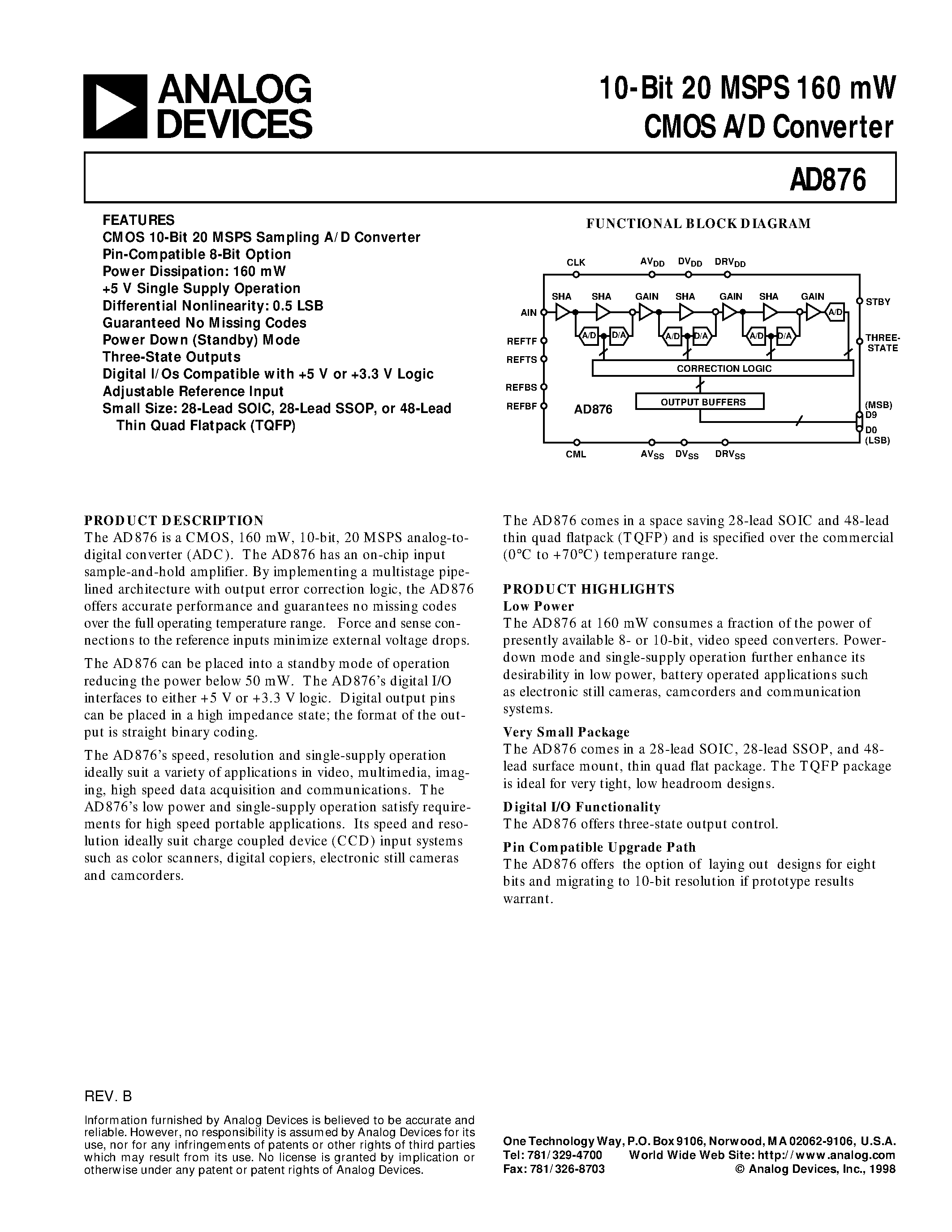 Datasheet AD876 - 10-Bit 20 MSPS 160 mW CMOS A/D Converter page 1