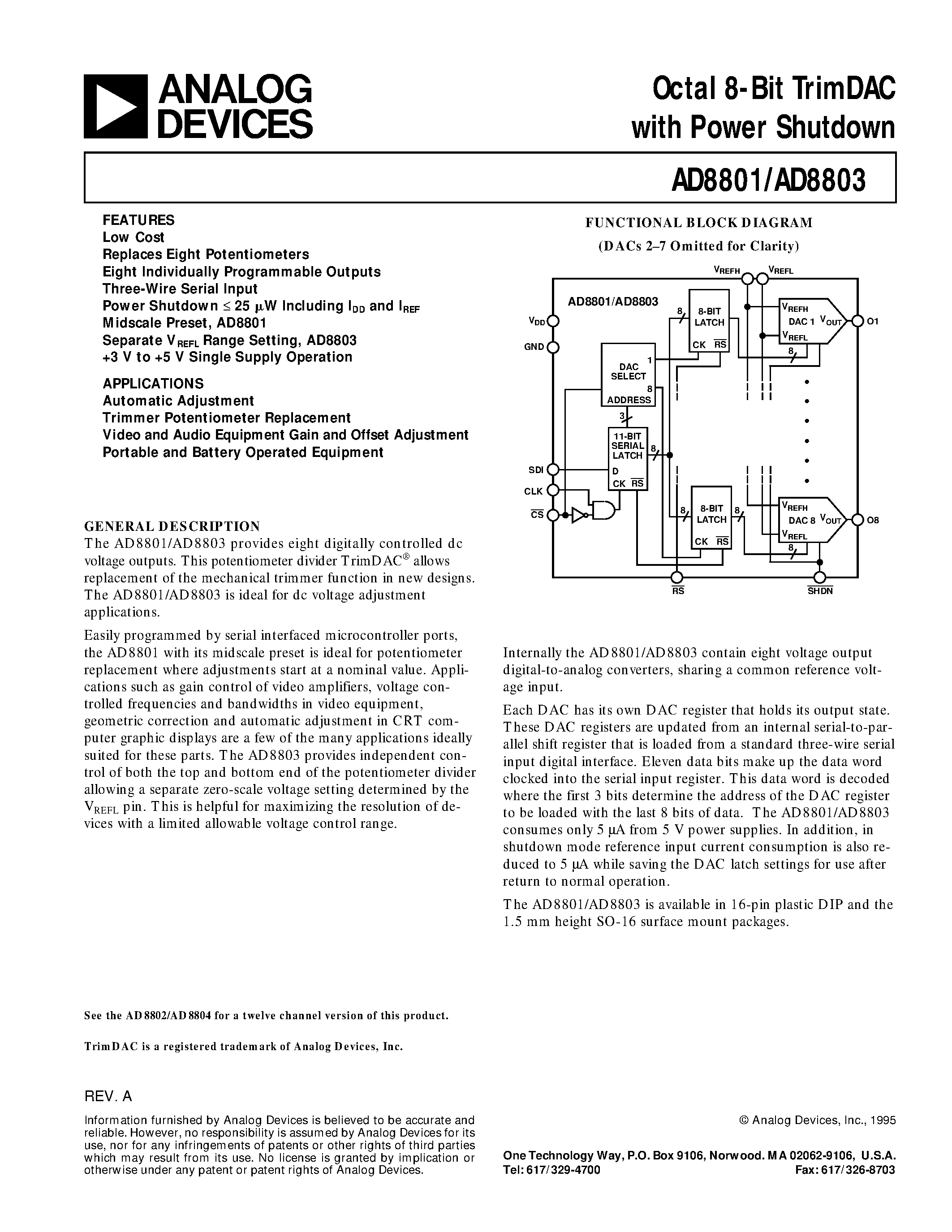 Datasheet AD8801 - Octal 8-Bit TrimDAC with Power Shutdown page 1