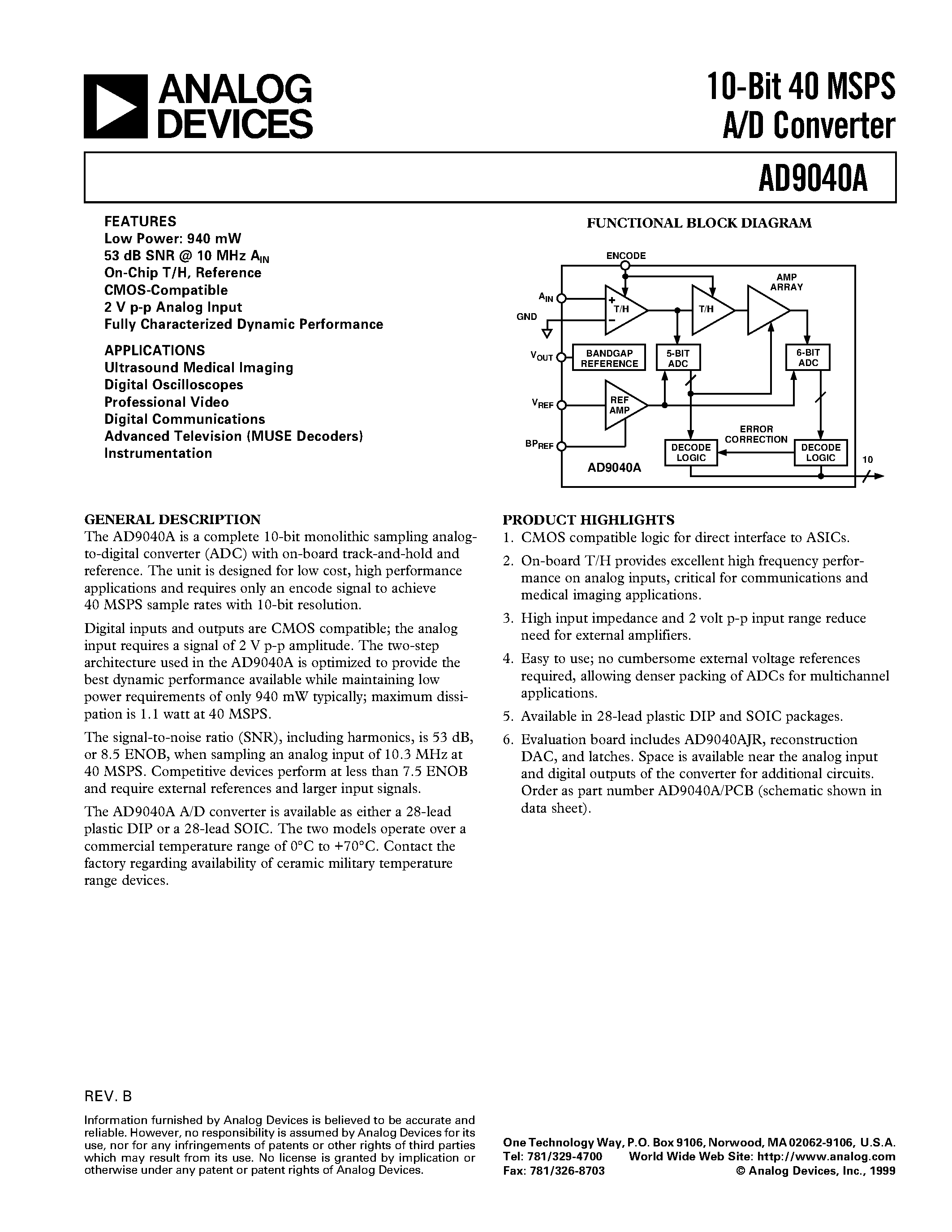 Даташит AD9040AJN - 10-Bit 40 MSPS A/D Converter страница 1