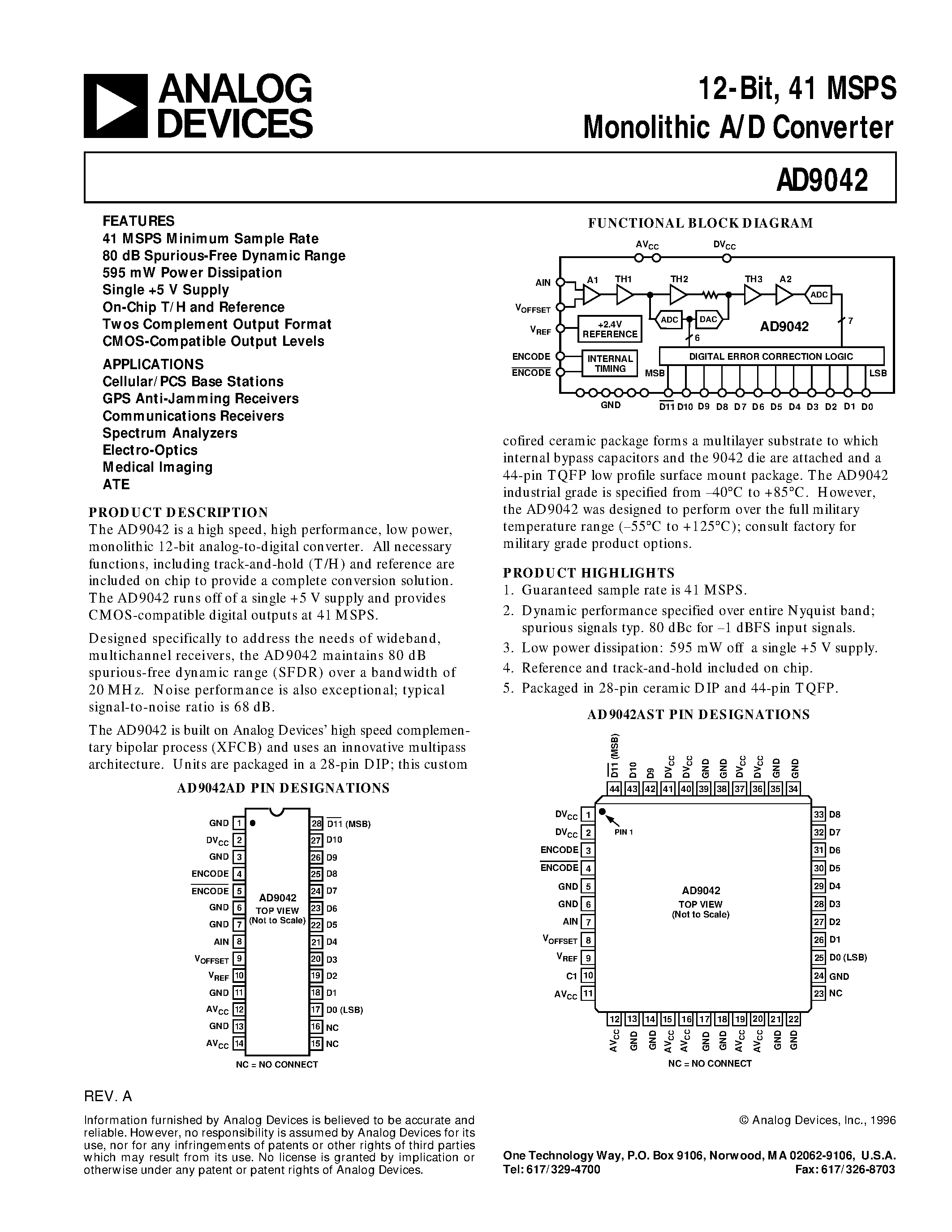 Даташит AD9042 - 12-Bit/ 41 MSPS Monolithic A/D Converter страница 1