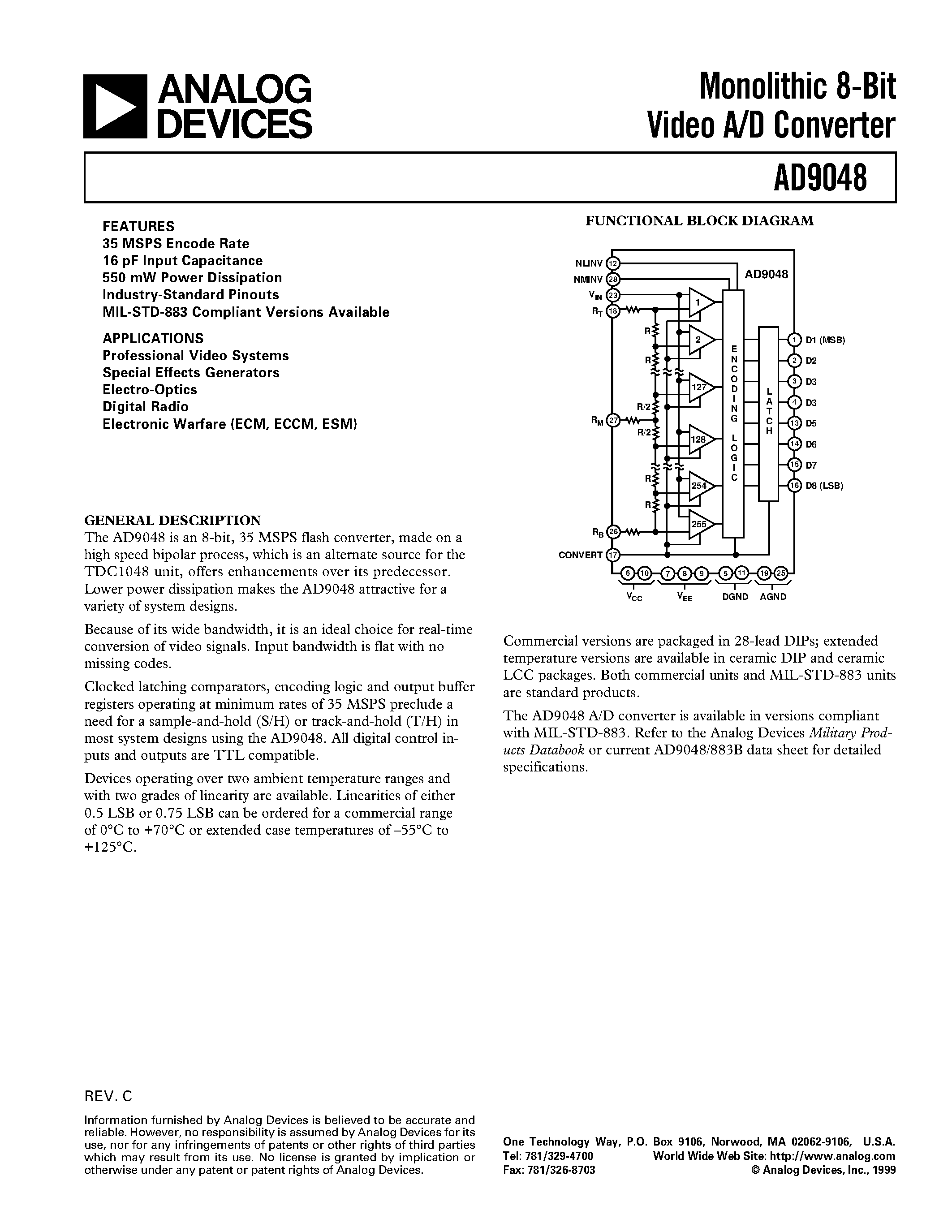 Даташит AD9048 - Monolithic 8-Bit Video A/D Converter страница 1