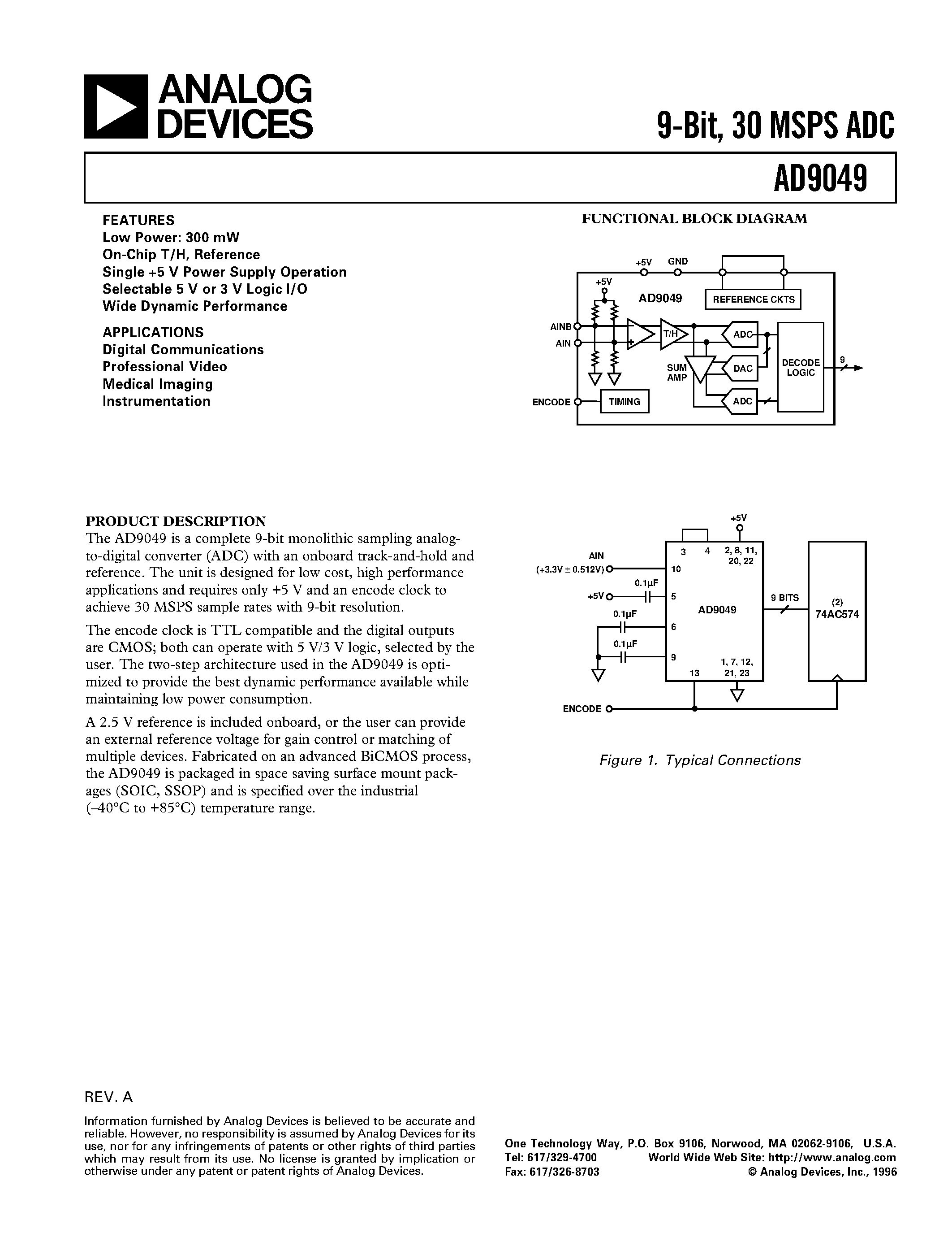 Даташит AD9049BR - 9-Bit/ 30 MSPS ADC страница 1