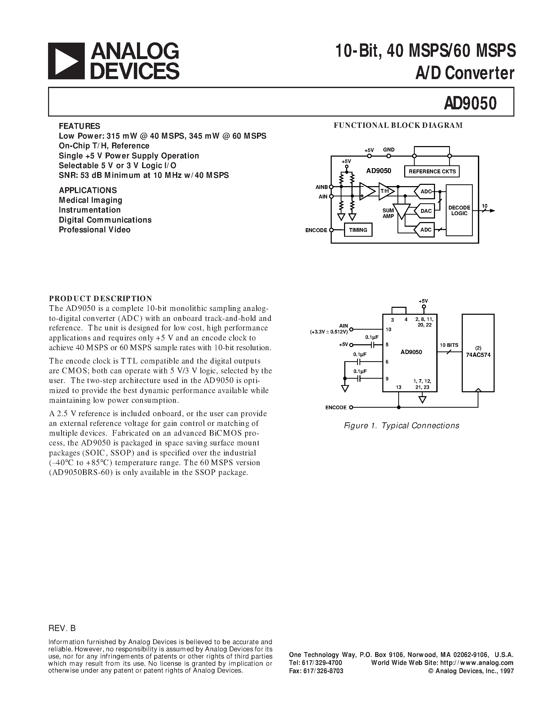 Даташит AD9050 - 10-Bit/ 40 MSPS/60 MSPS A/D Converter страница 1