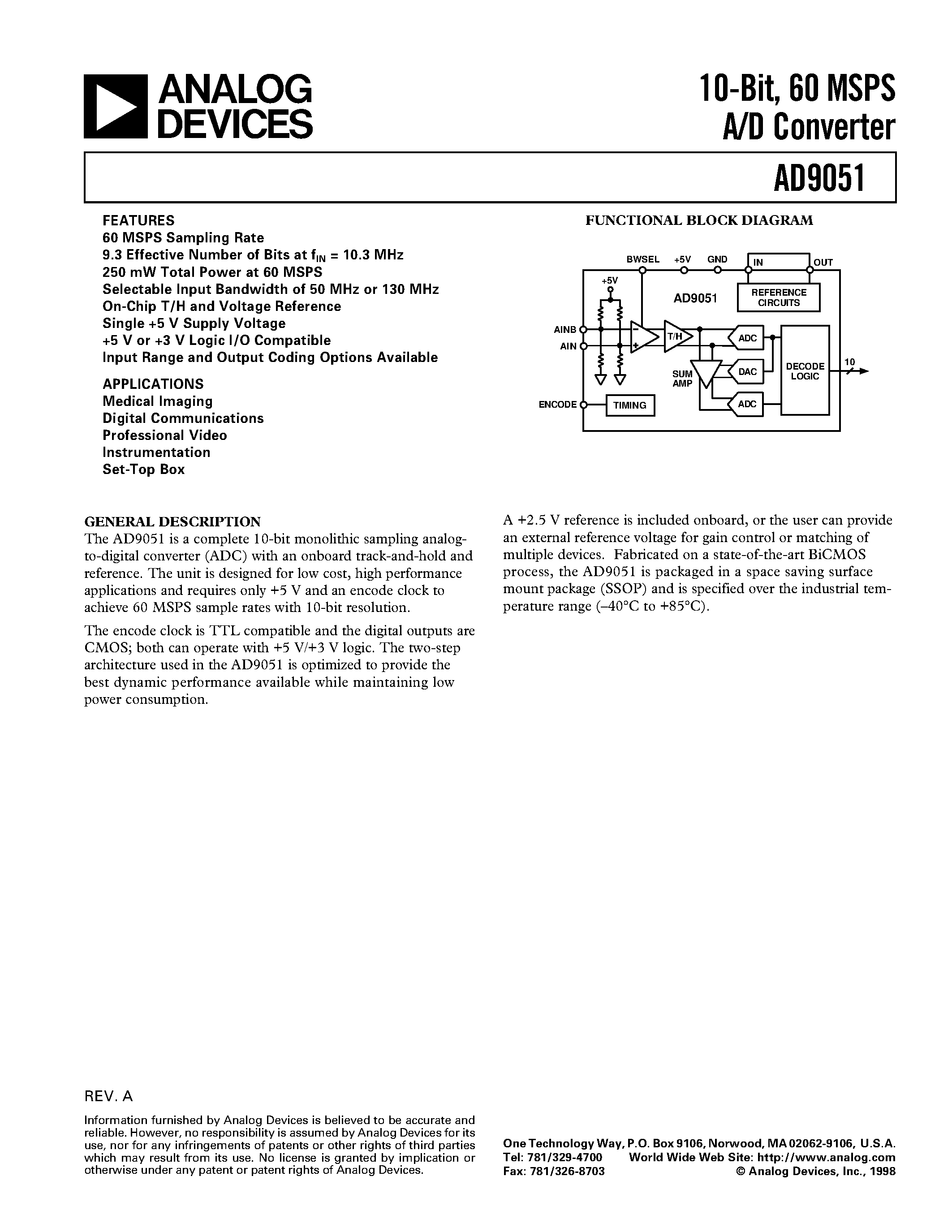 Даташит AD9051 - 10-Bit/ 60 MSPS A/D Converter страница 1