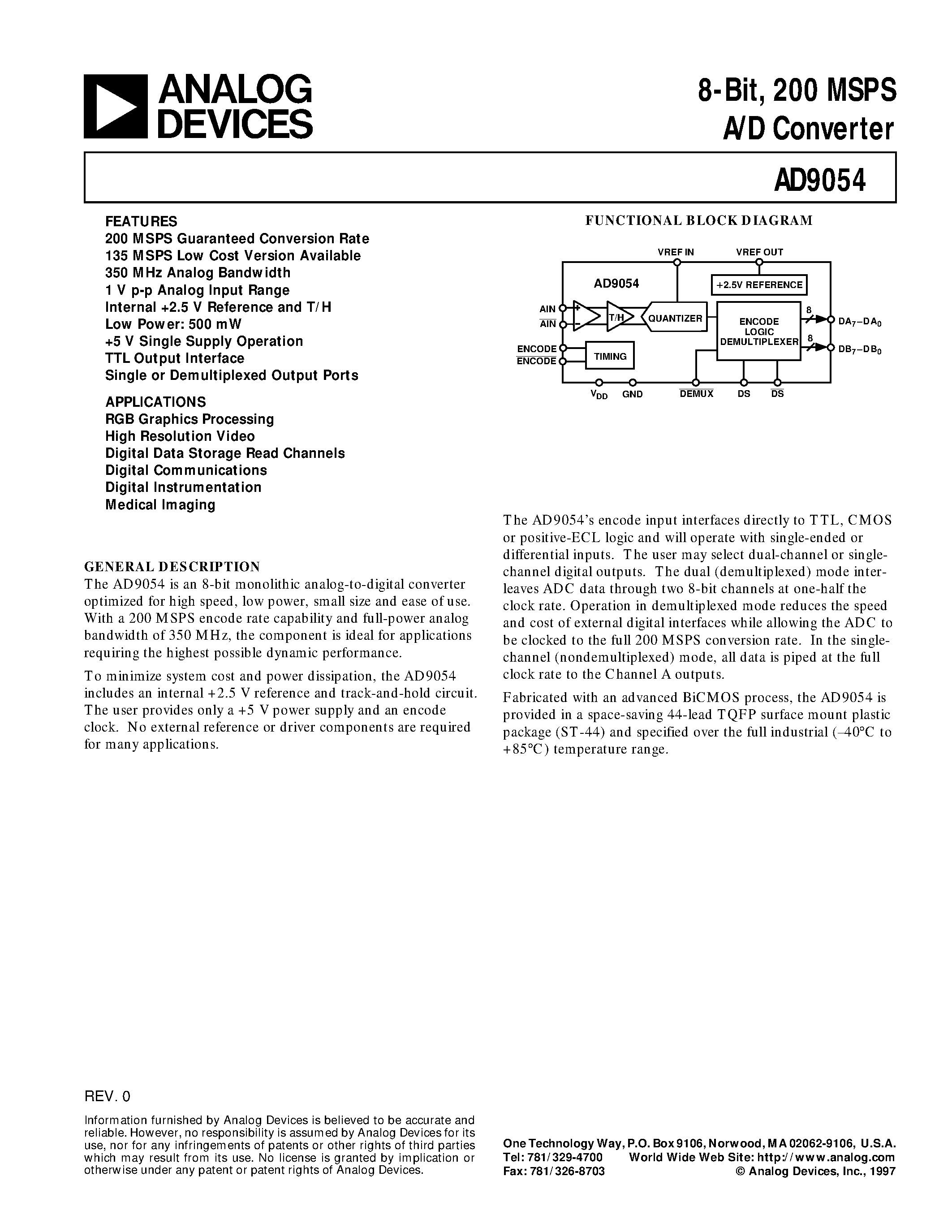 Даташит AD9054 - 8-Bit/ 200 MSPS A/D Converter страница 1