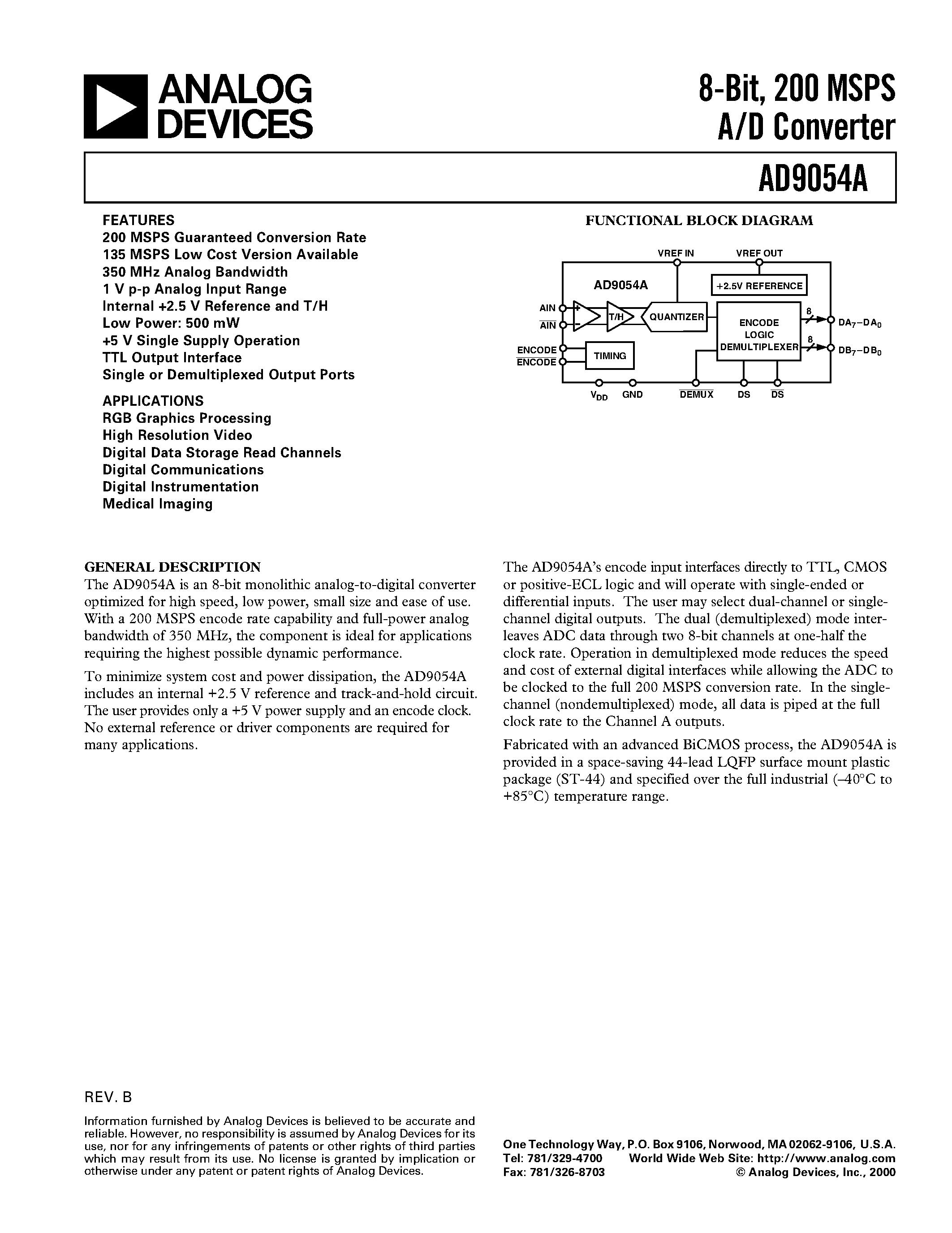 Даташит AD9054A - 8-Bit/ 200 MSPS A/D Converter страница 1