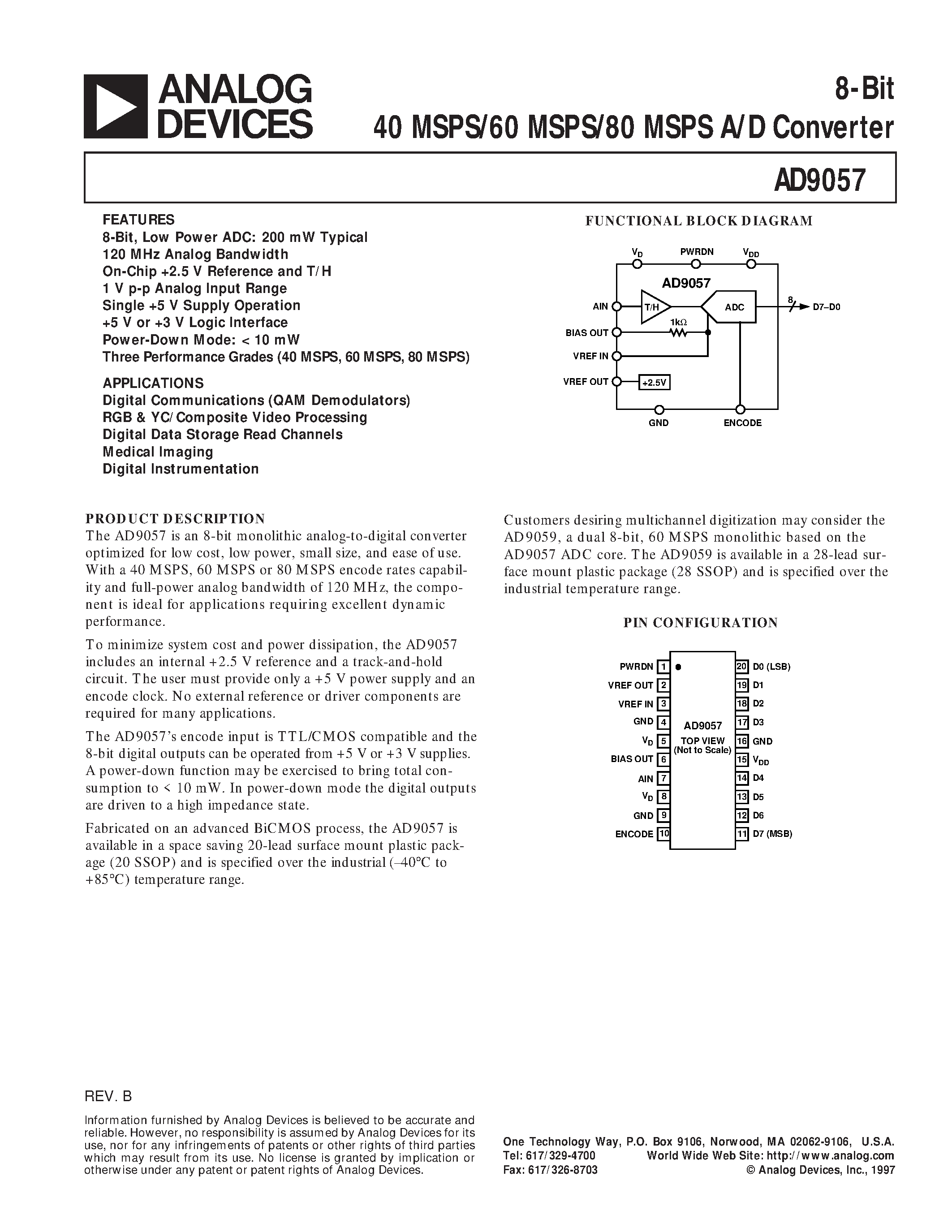 Даташит AD9057 - 8-Bit 40 MSPS/60 MSPS/80 MSPS A/D Converter страница 1