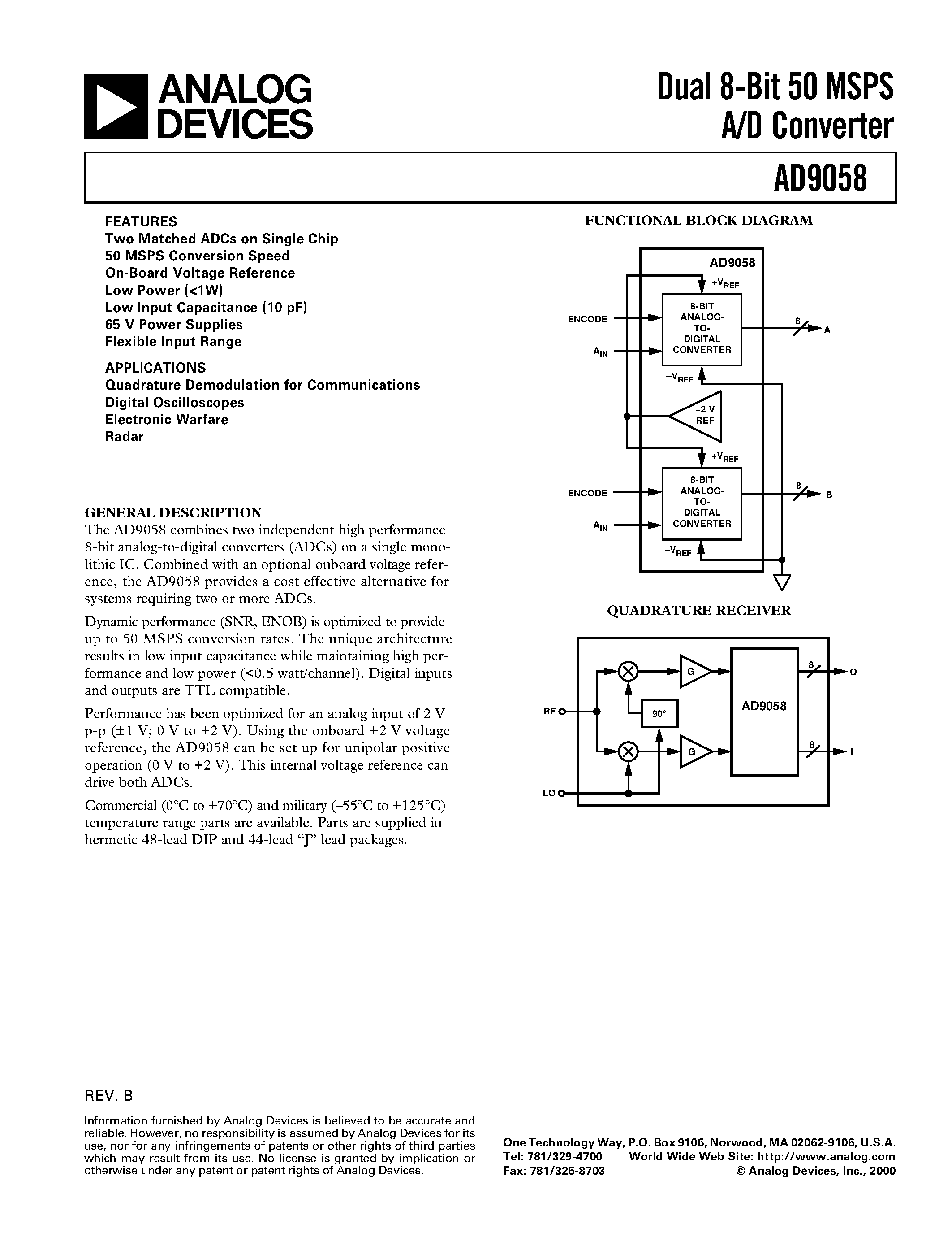 Даташит AD9058 - Dual 8-Bit 50 MSPS A/D Converter страница 1