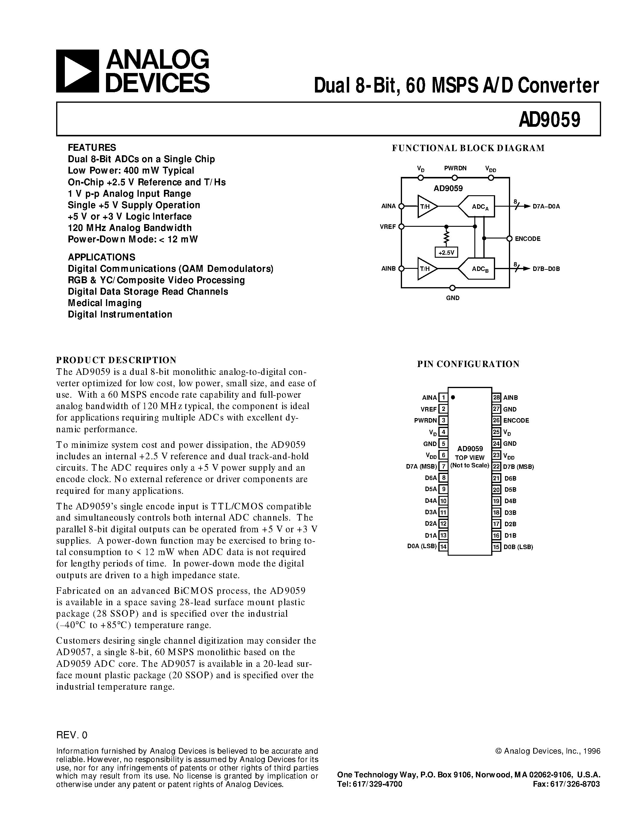 Даташит AD9059 - Dual 8-Bit/ 60 MSPS A/D Converter страница 1