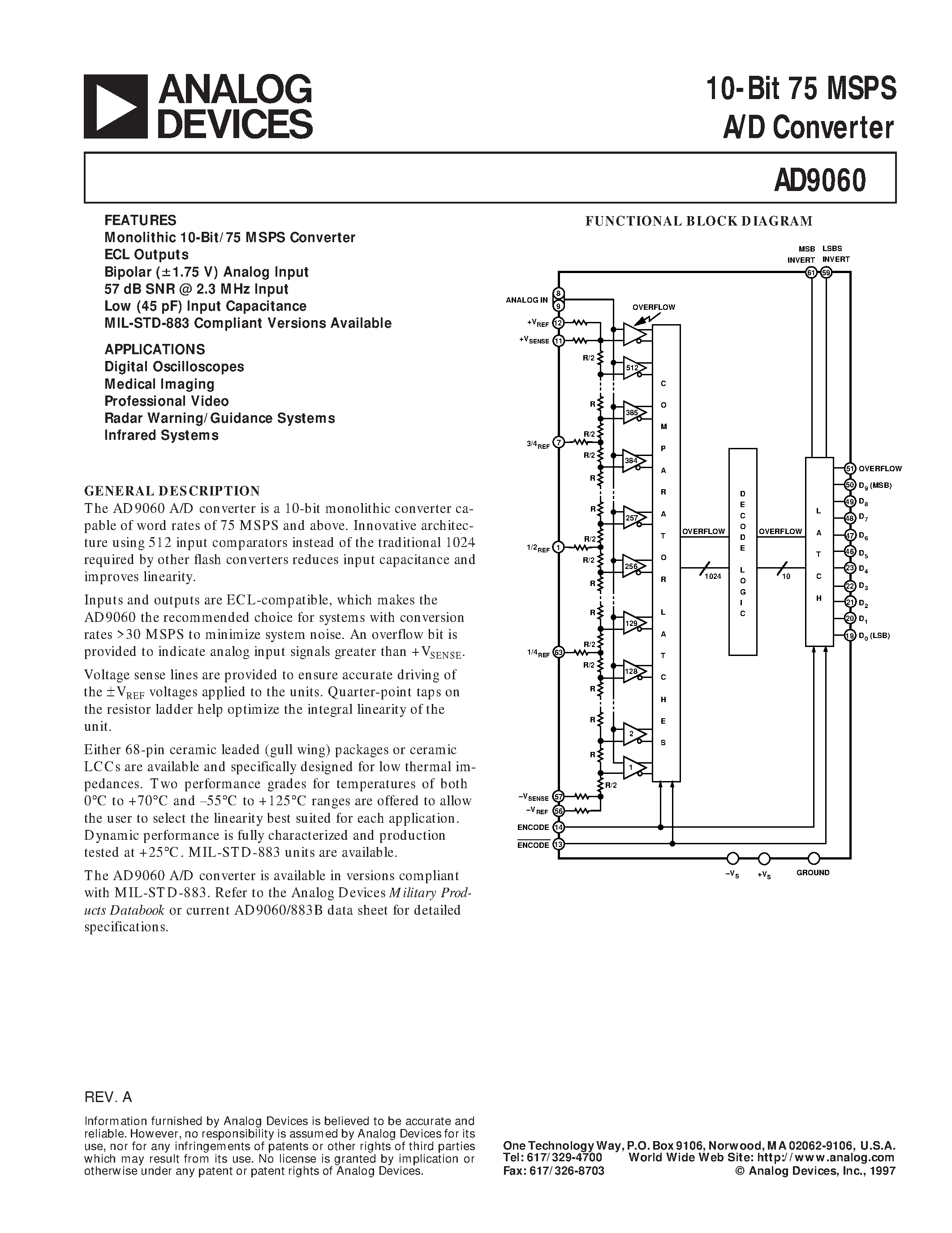 Даташит AD9060 - 10-Bit 75 MSPS A/D Converter страница 1