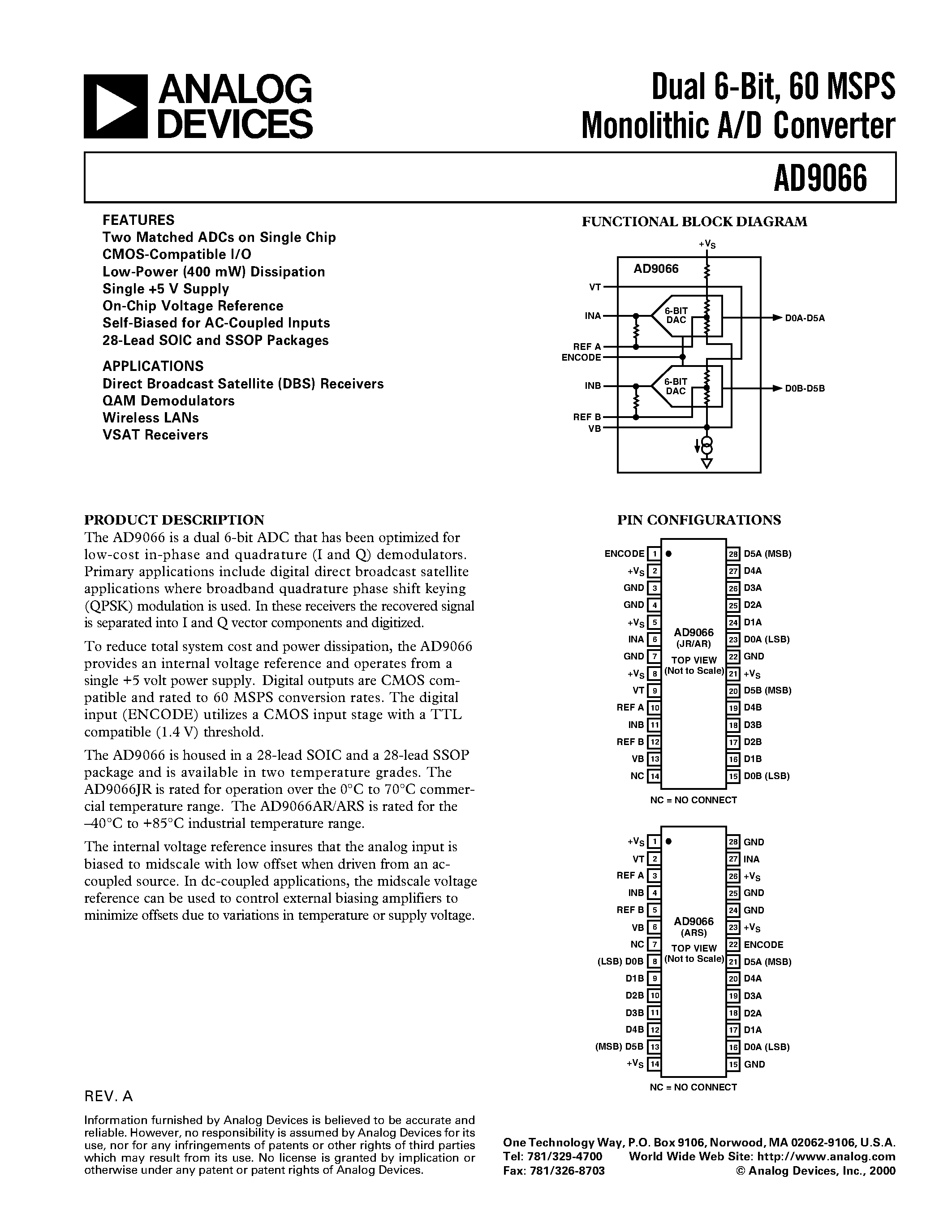 Даташит AD9066 - Dual 6-Bit/ 60 MSPS Monolithic A/D Converter страница 1