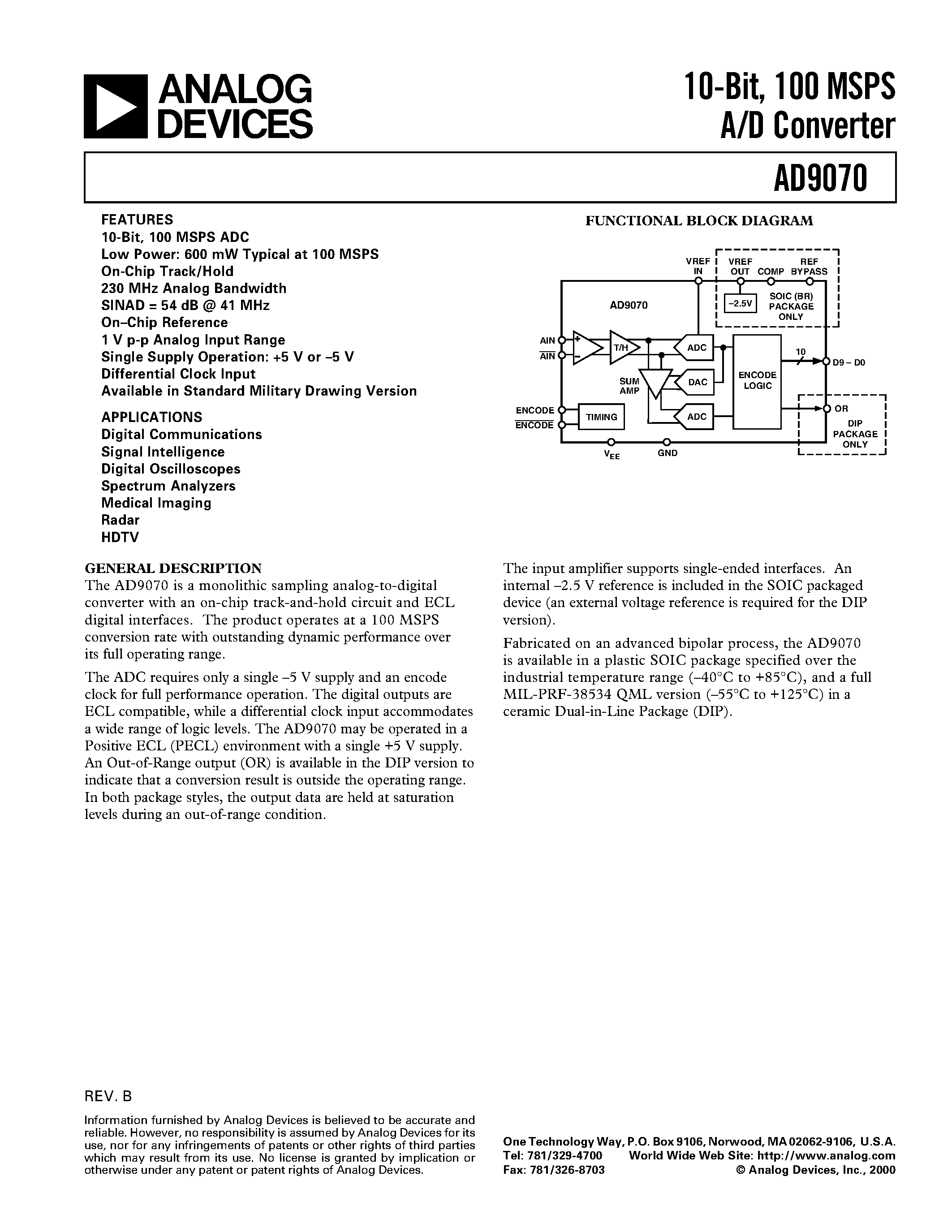 Даташит AD9070 - 10-Bit/ 100 MSPS A/D Converter страница 1