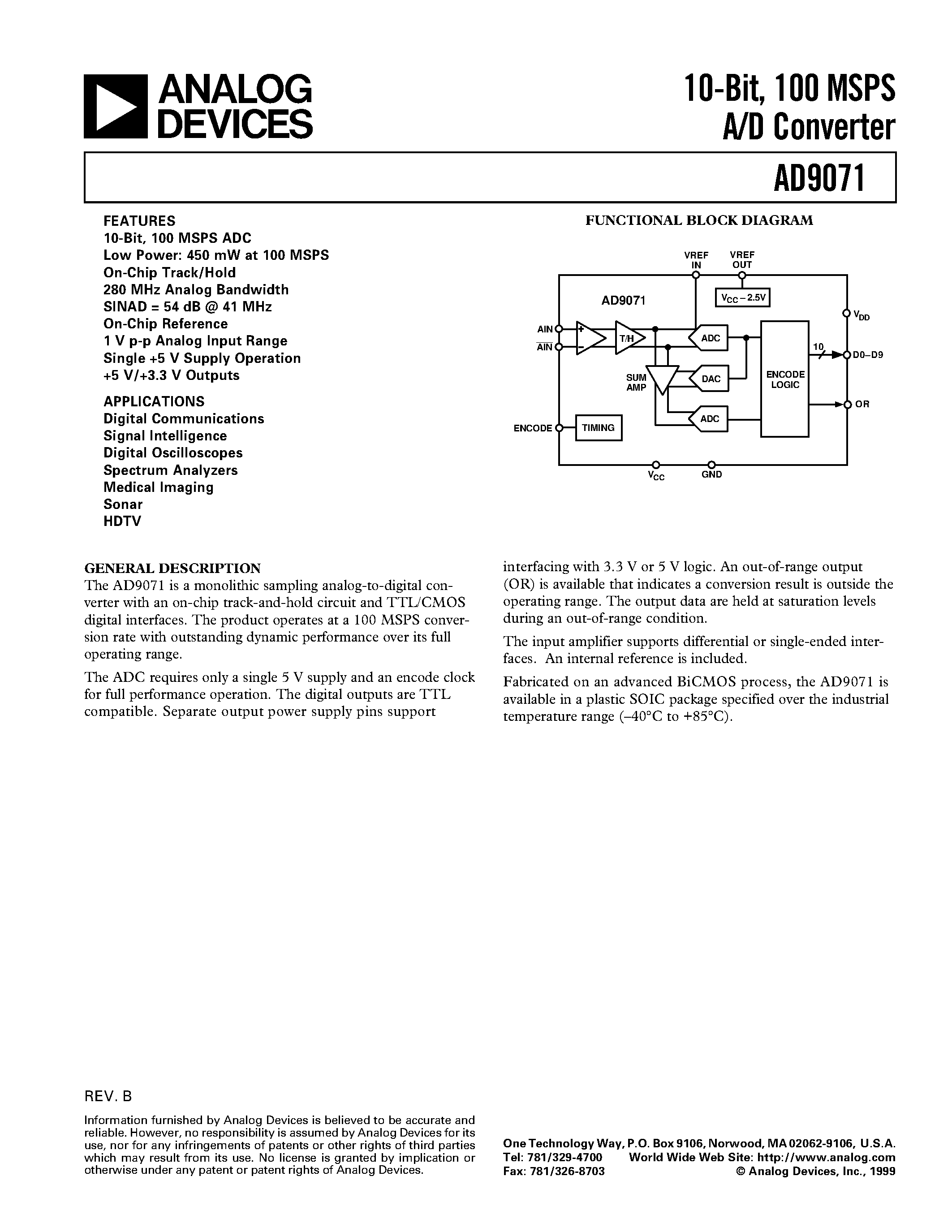 Даташит AD9071 - 10-Bit/ 100 MSPS A/D Converter страница 1