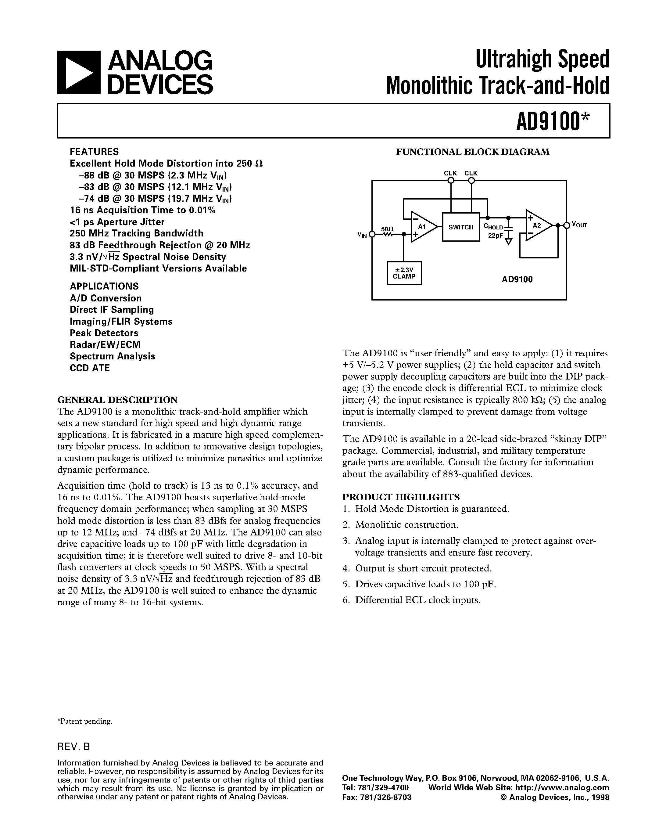 Даташит AD9100 - Ultrahigh Speed Monolithic Track-and-Hold страница 1