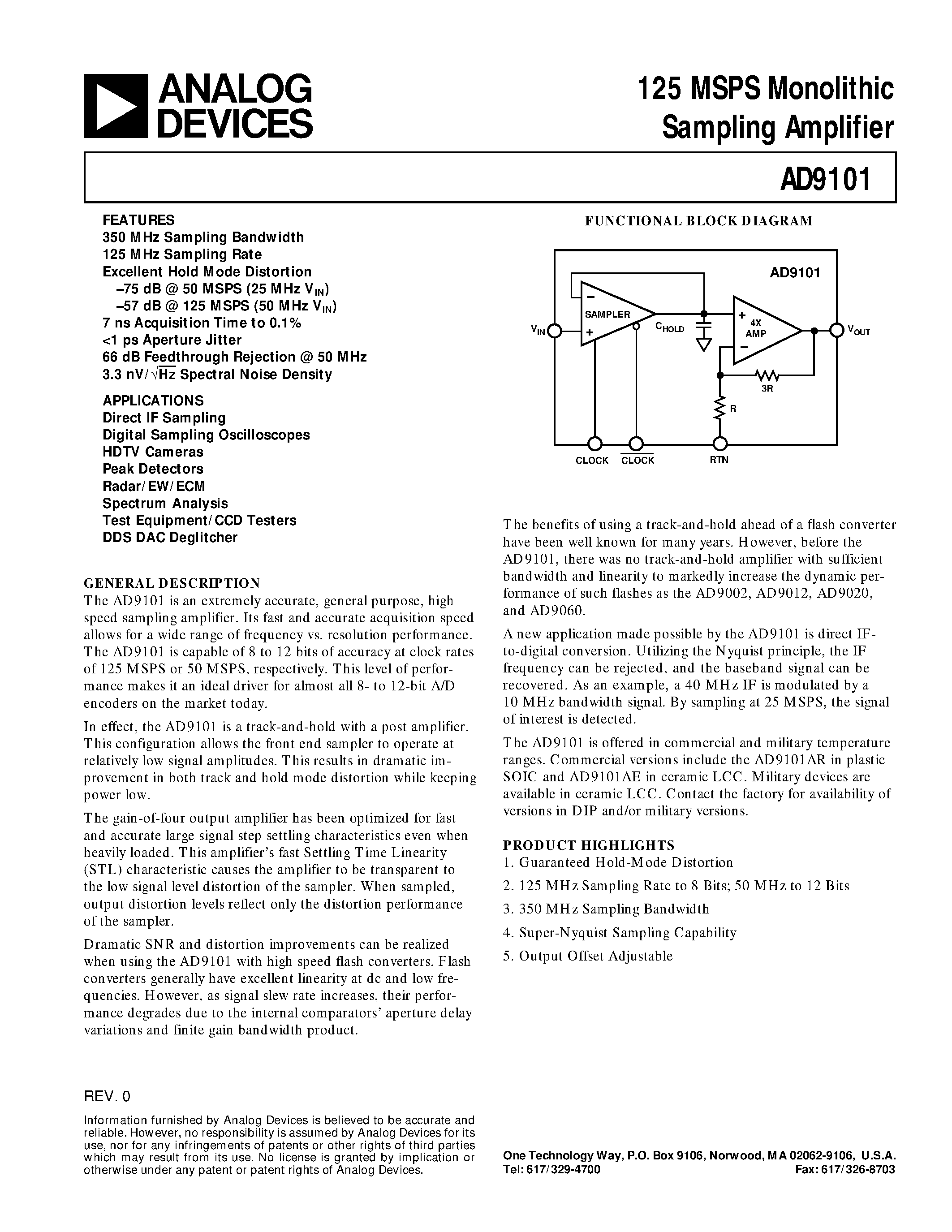 Даташит AD9101 - 125 MSPS Monolithic Sampling Amplifier страница 1