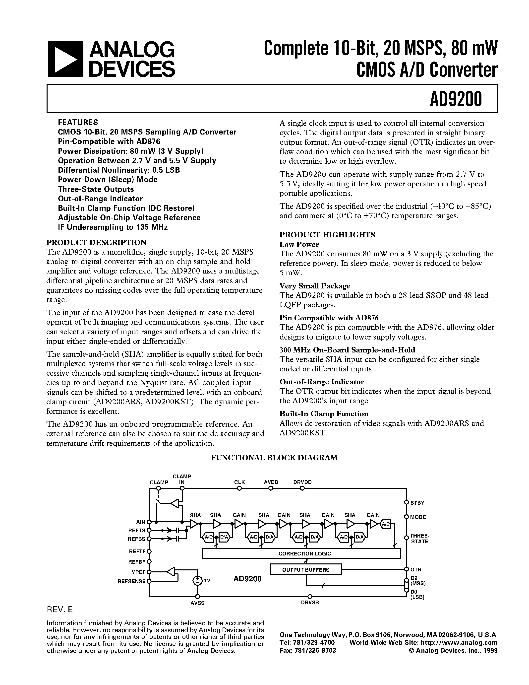 Даташит AD9200 - Complete 10-Bit/ 20 MSPS/ 80 mW CMOS A/D Converter страница 1