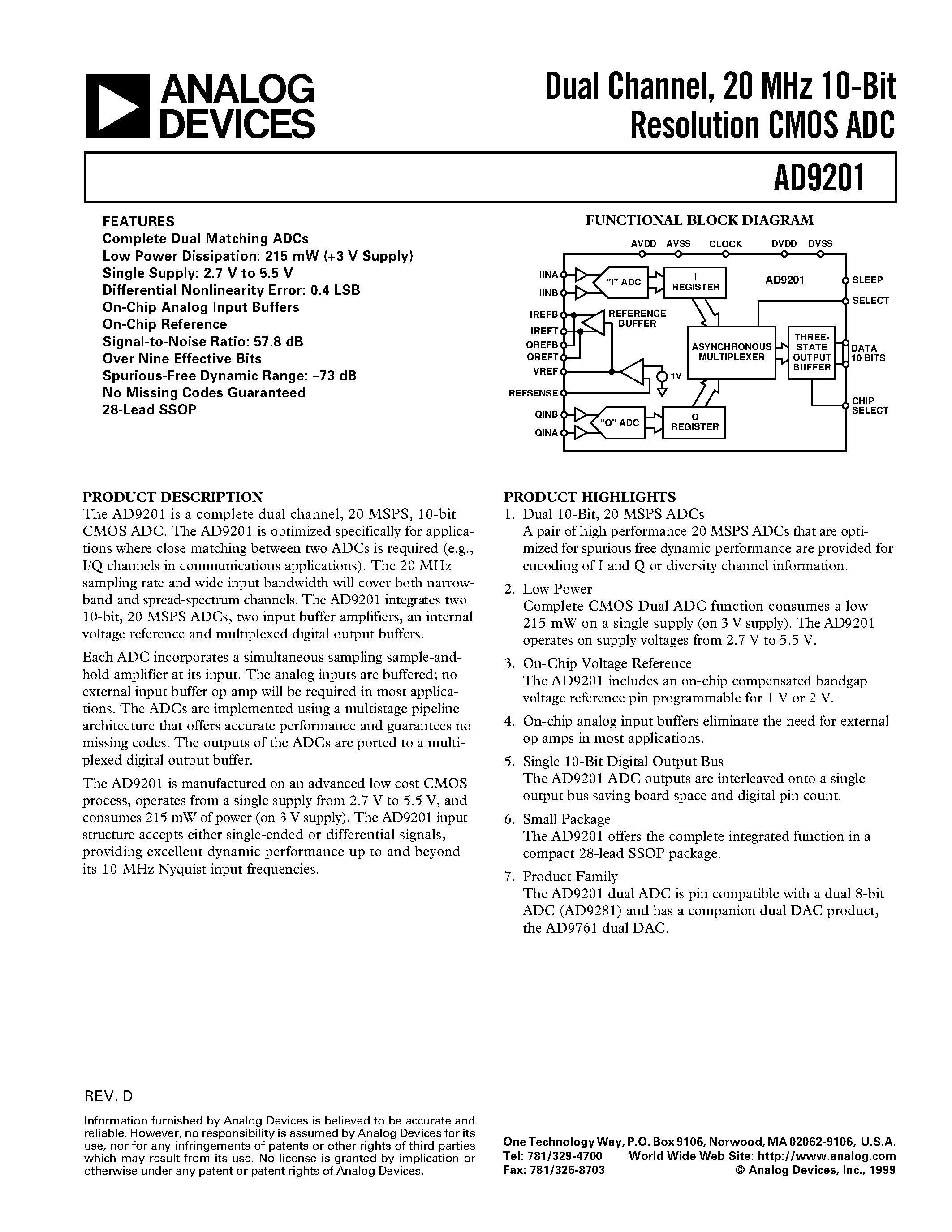 Даташит AD9201-EVAL - Dual Channel/ 20 MHz 10-Bit Resolution CMOS ADC страница 1