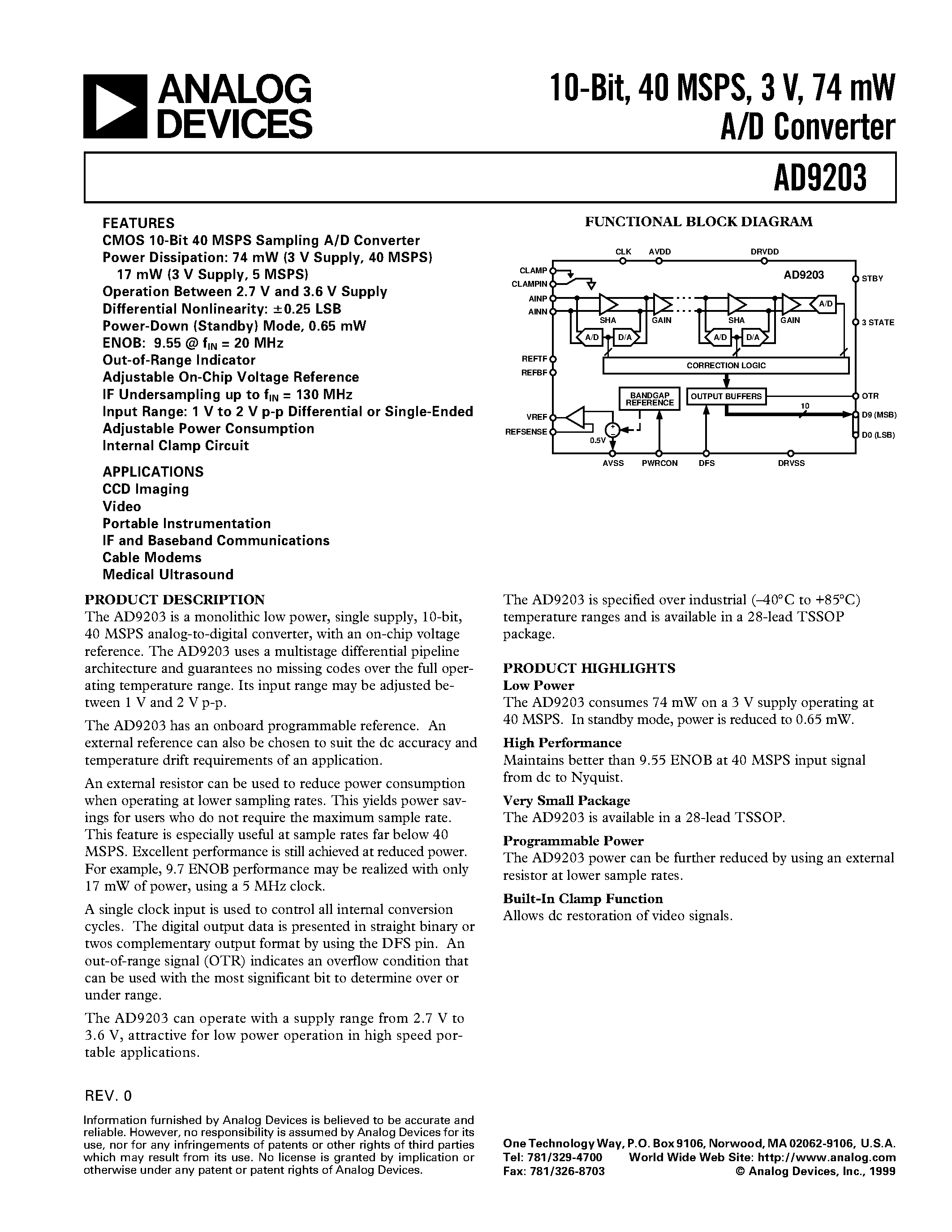 Даташит AD9203ARU - 10-Bit/ 40 MSPS/ 3 V/ 74 mW A/D Converter страница 1