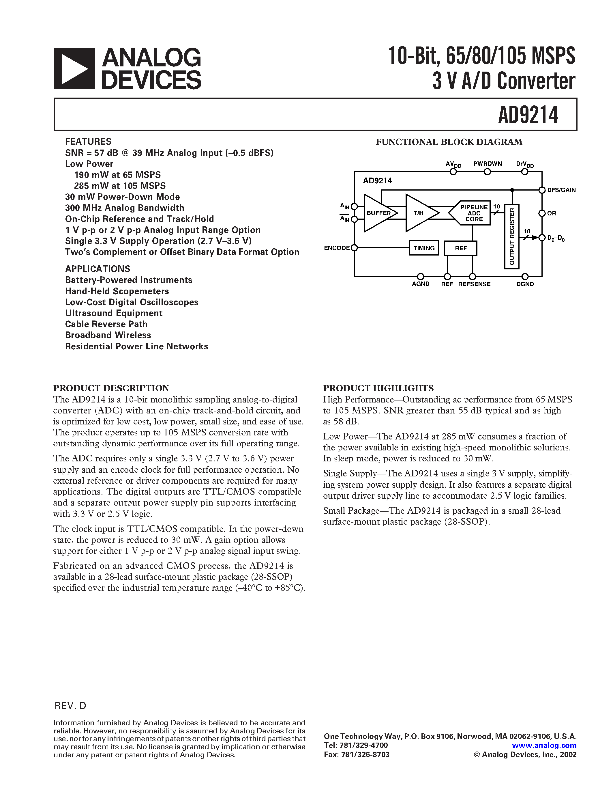 Даташит AD9214 - 10-Bit/ 65/80/105 MSPS 3 V A/D Converter страница 1