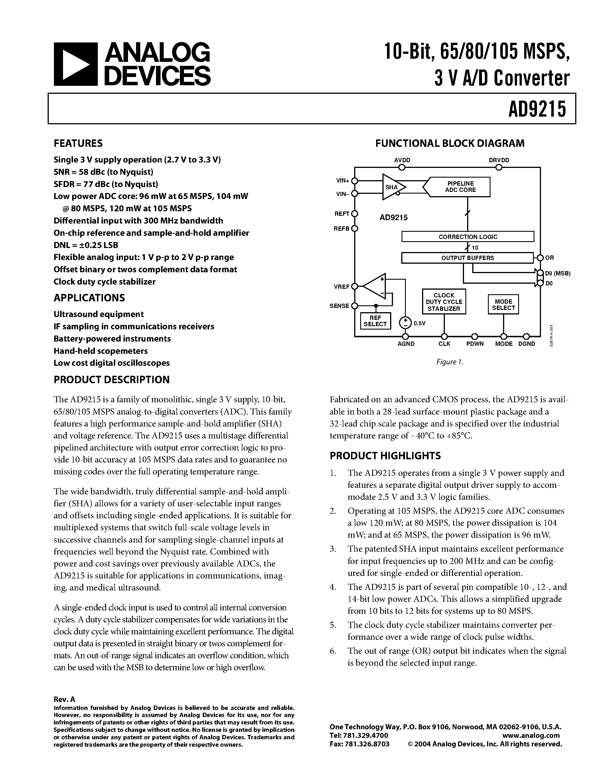 Даташит AD9215 - 10-Bit/ 65/80/105 MSPS/ 3V A/D Converter страница 1