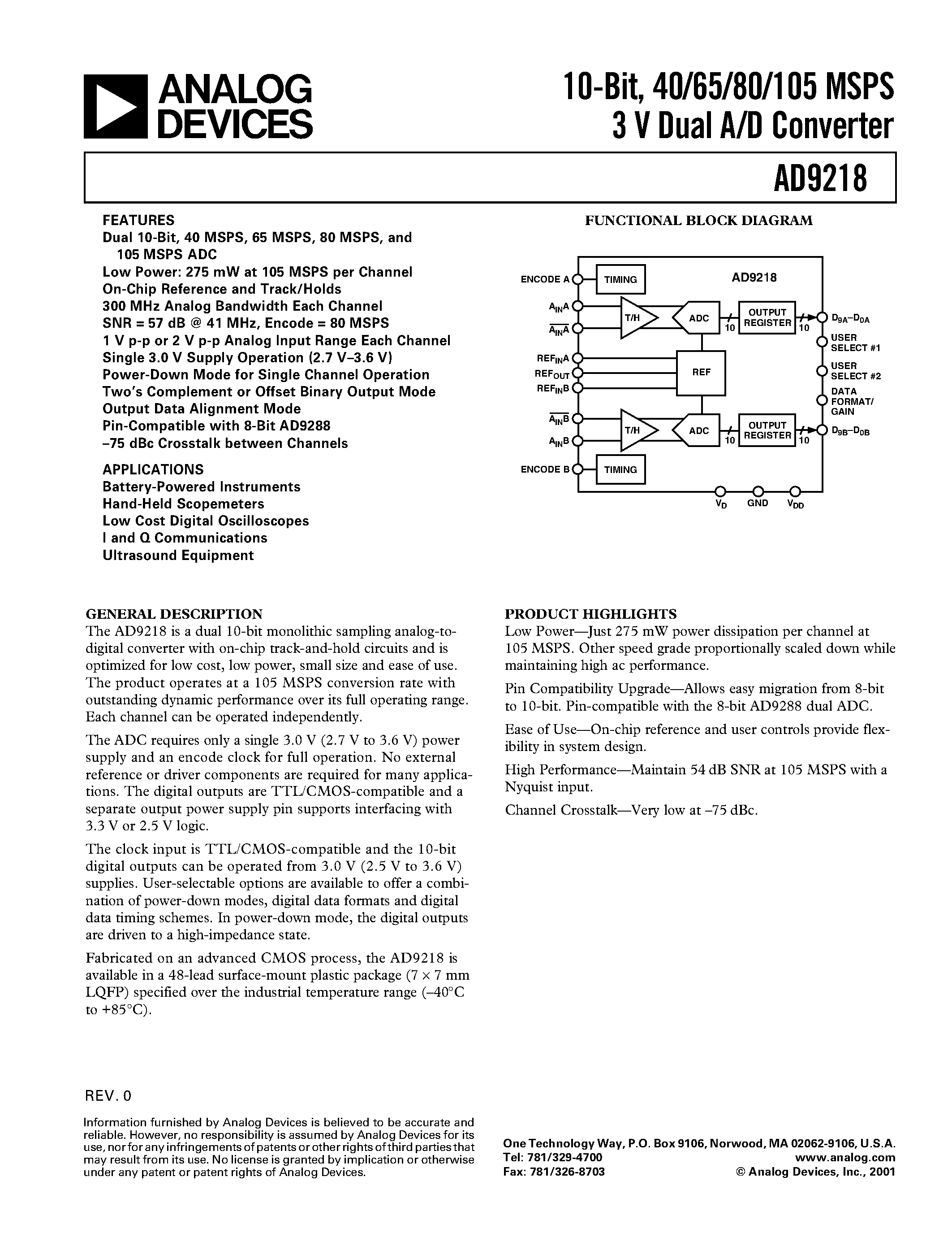 Даташит AD9218 - 10-Bit/ 40/65/80/105 MSPS 3 V Dual A/D Converter страница 1