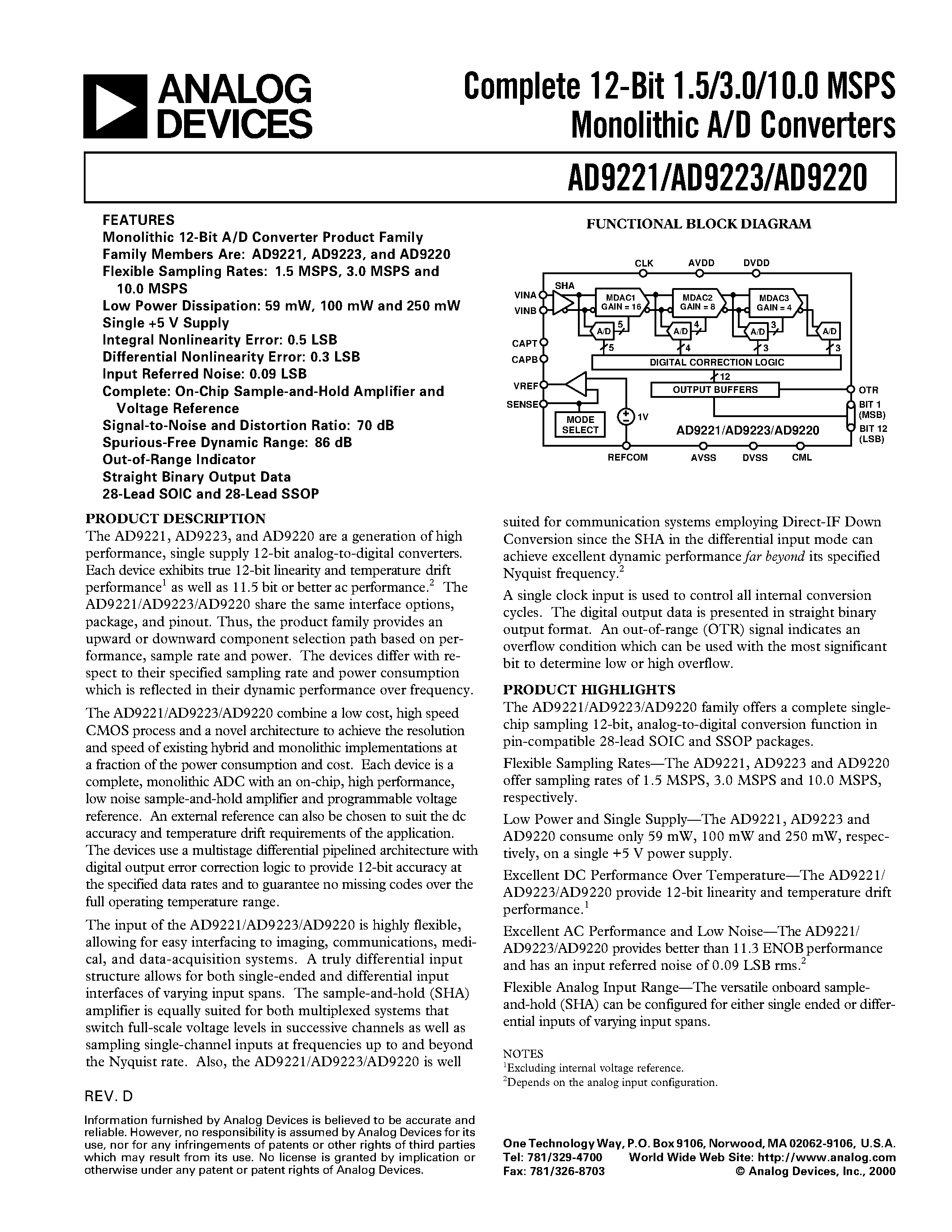 Даташит AD9220 - Complete 12-Bit 1.5/3.0/10.0 MSPS Monolithic A/D Converters страница 1