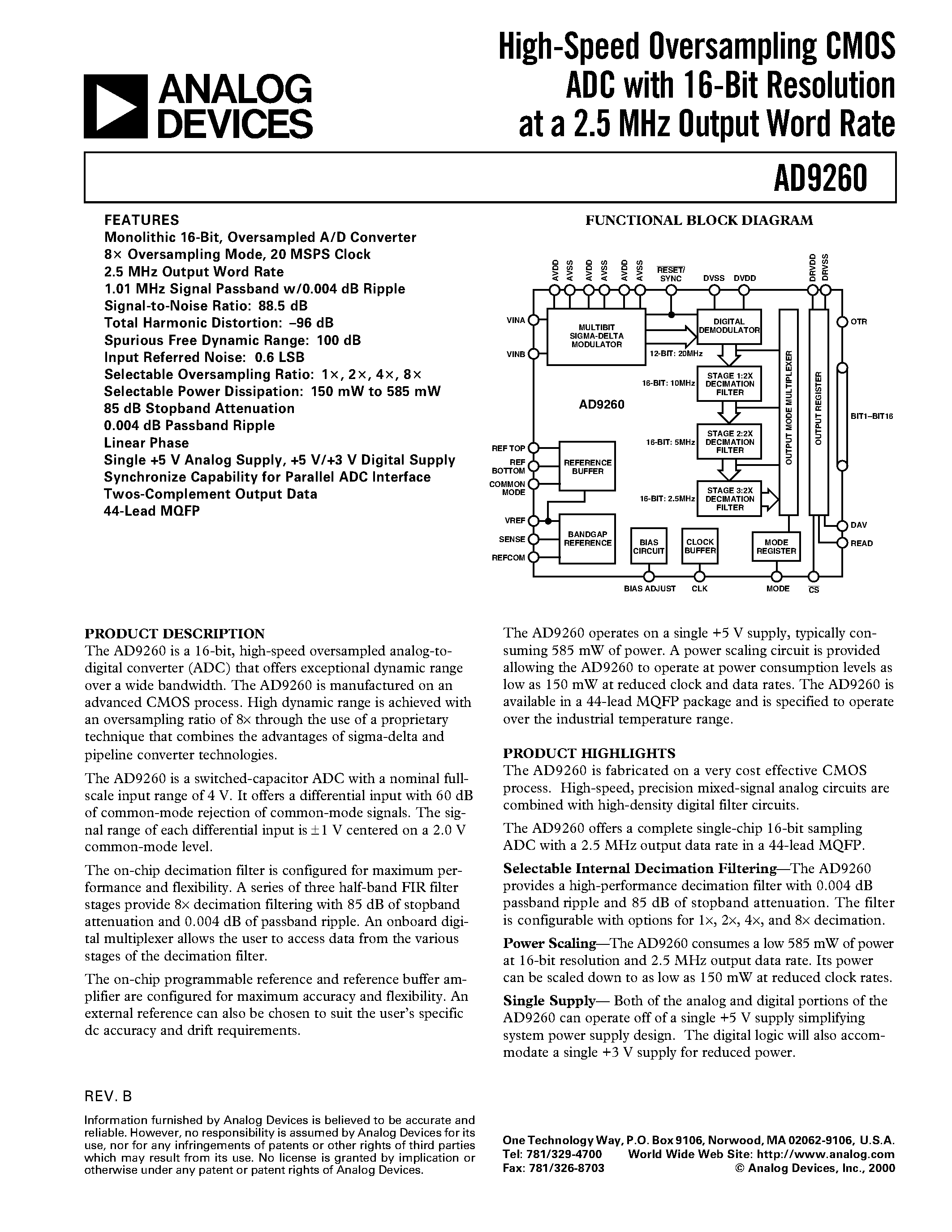 Datasheet AD9260EB - High-Speed Oversampling CMOS ADC with 16-Bit Resolution at a 2.5 MHz Output Word Rate page 1