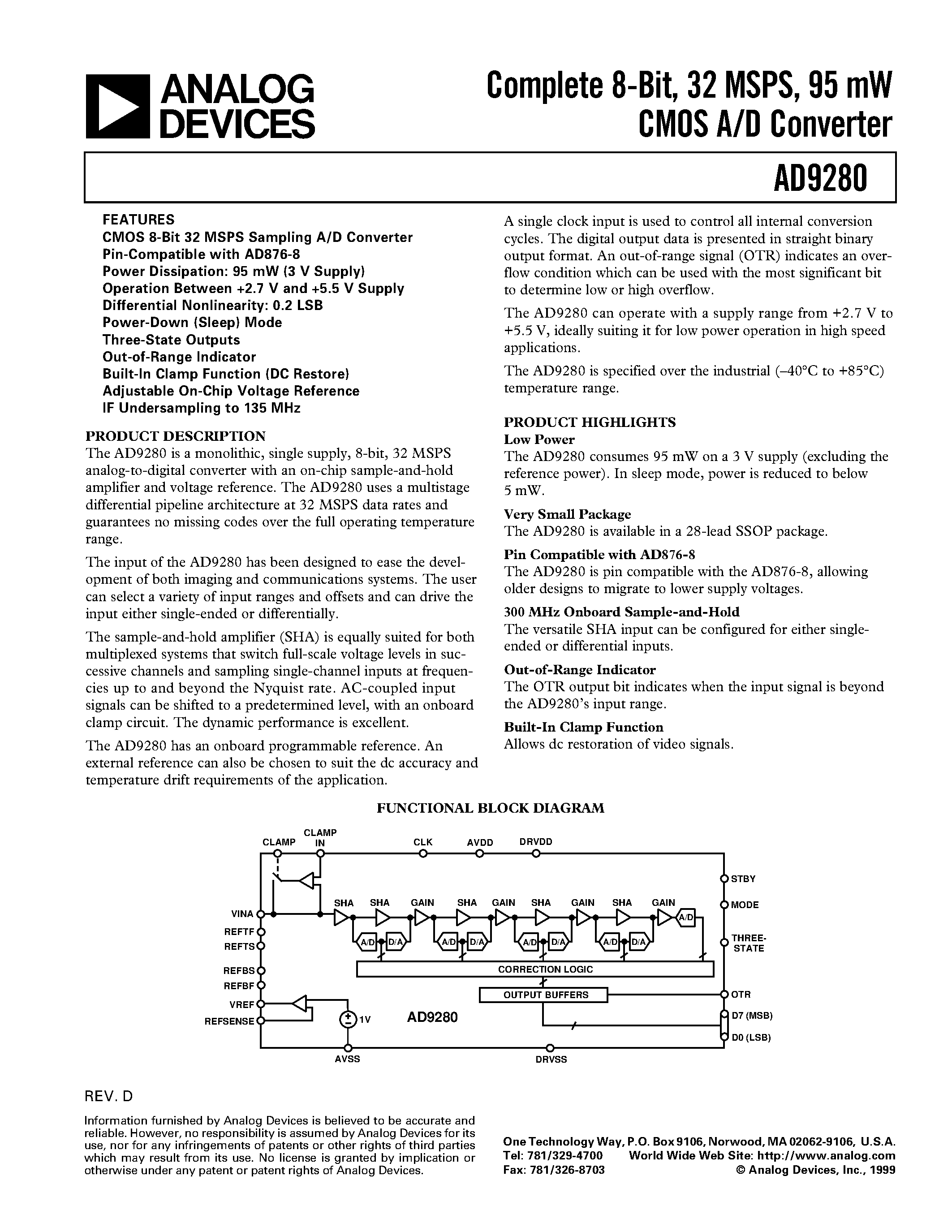 Datasheet AD9280-EB - Complete 8-Bit/ 32 MSPS/ 95 mW CMOS A/D Converter page 1