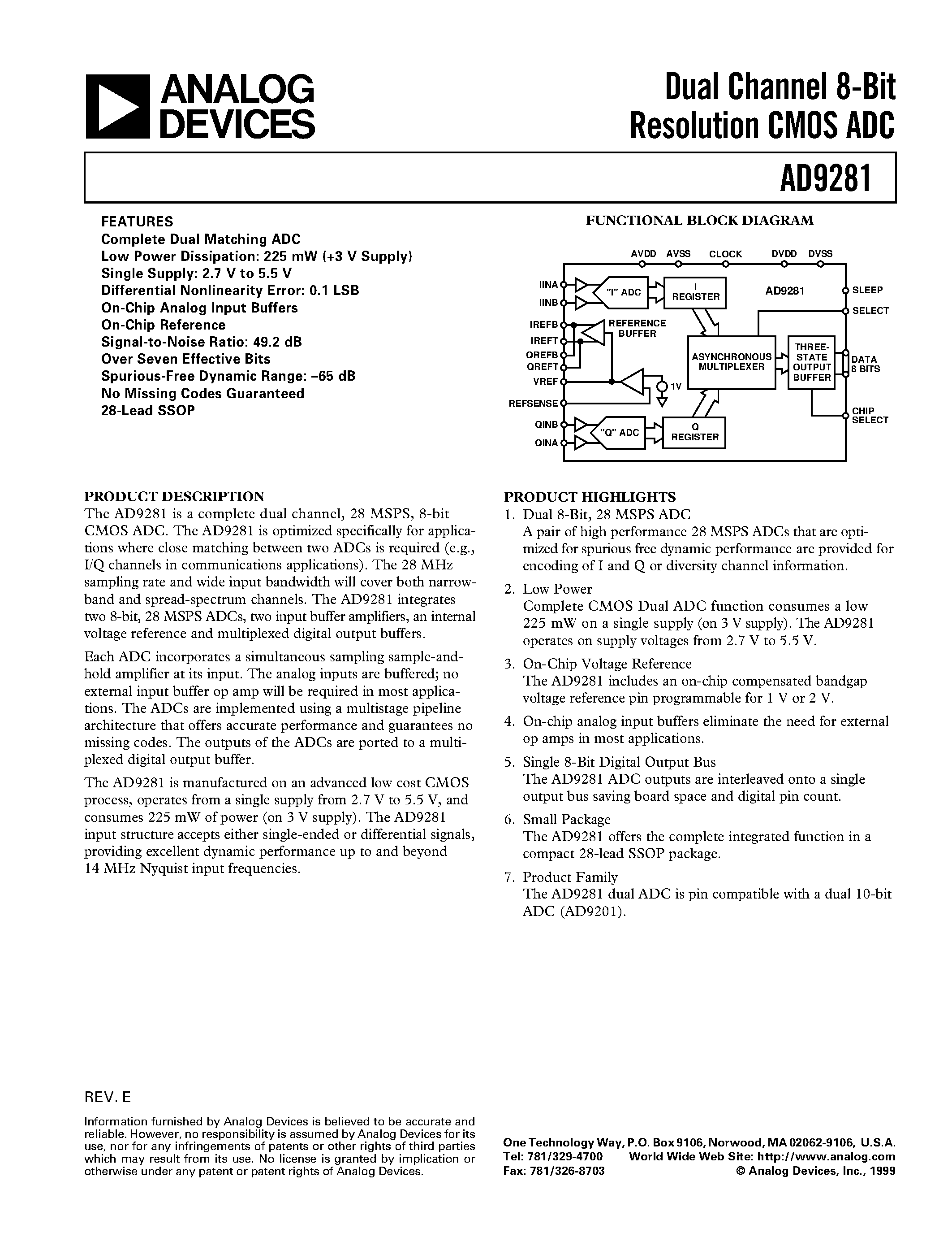 Datasheet AD9281 - Dual Channel 8-Bit Resolution CMOS ADC page 1