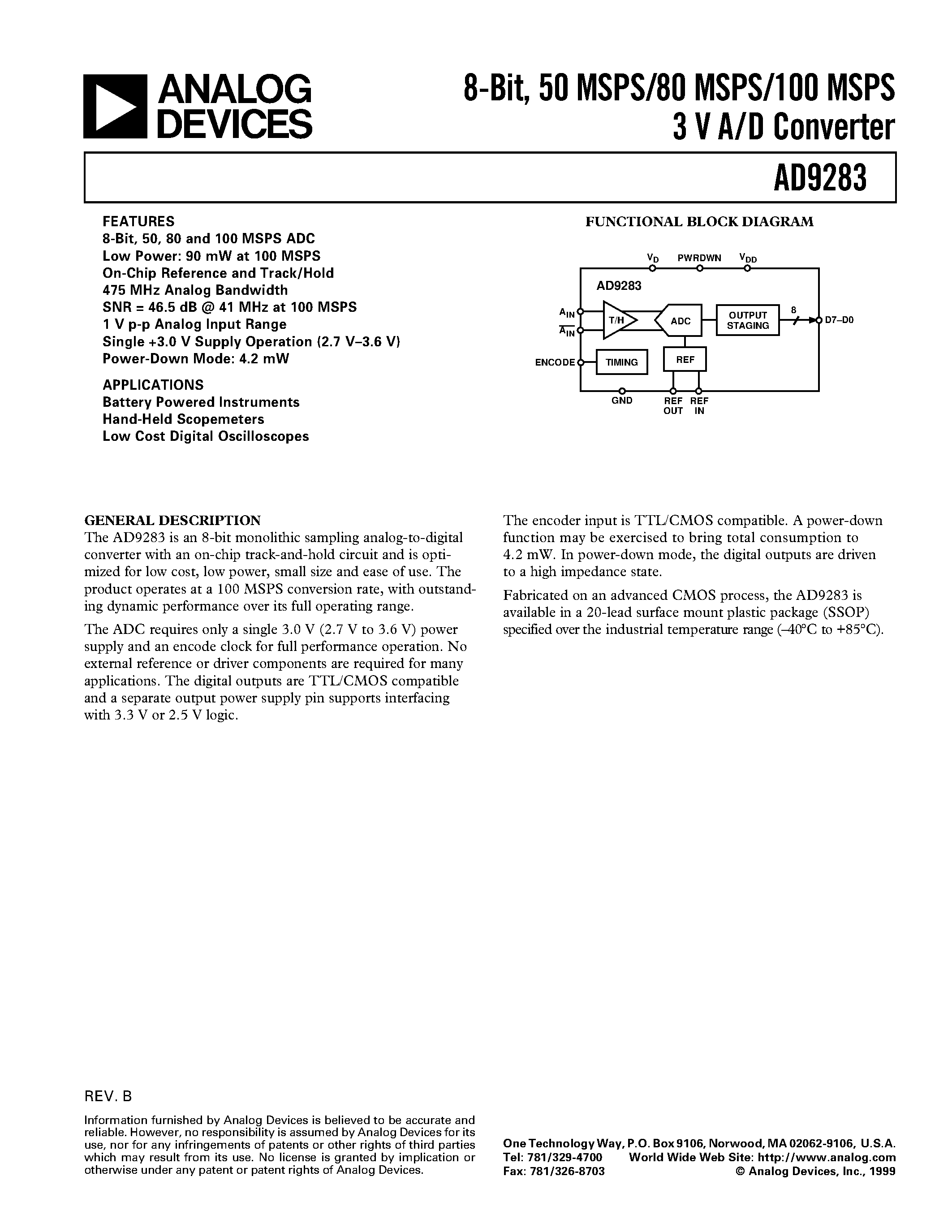 Datasheet AD9283 - 8-Bit/ 50 MSPS/80 MSPS/100 MSPS 3 V A/D Converter page 1